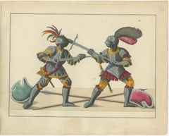 Lithographie du 19e siècle, coloriée à la main, représentant des chevaliers en armure dans une scène de combat
