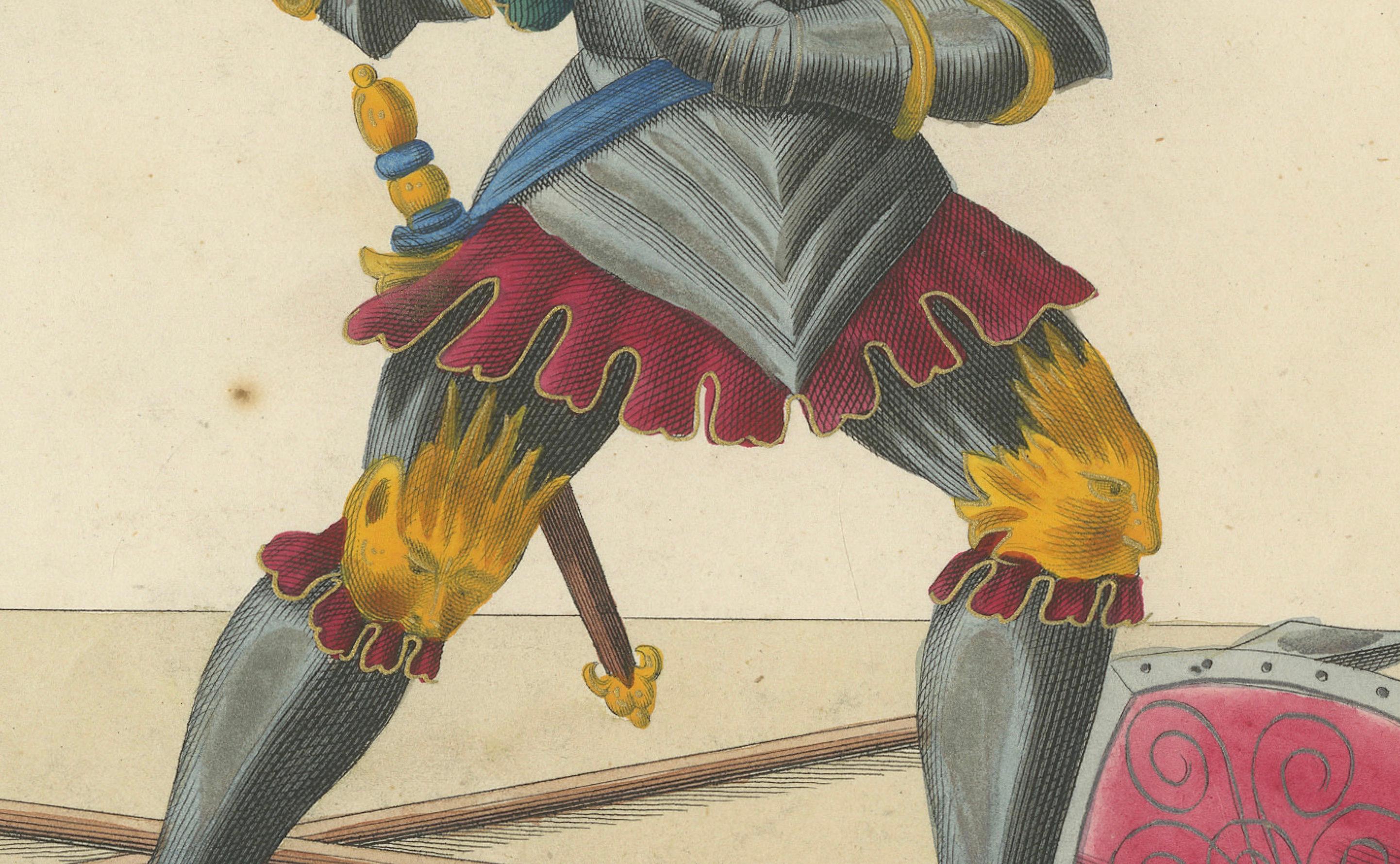 Handkolorierte Lithographie Wappenritter in Schlachtszene mit Wappen aus dem 19. Jahrhundert (Mittleres 19. Jahrhundert) im Angebot