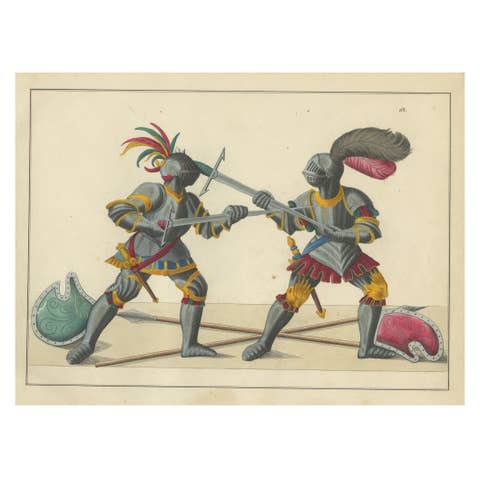 19th-Century Hand-Coloured Lithograph of Armoured Knights in Battle Scene