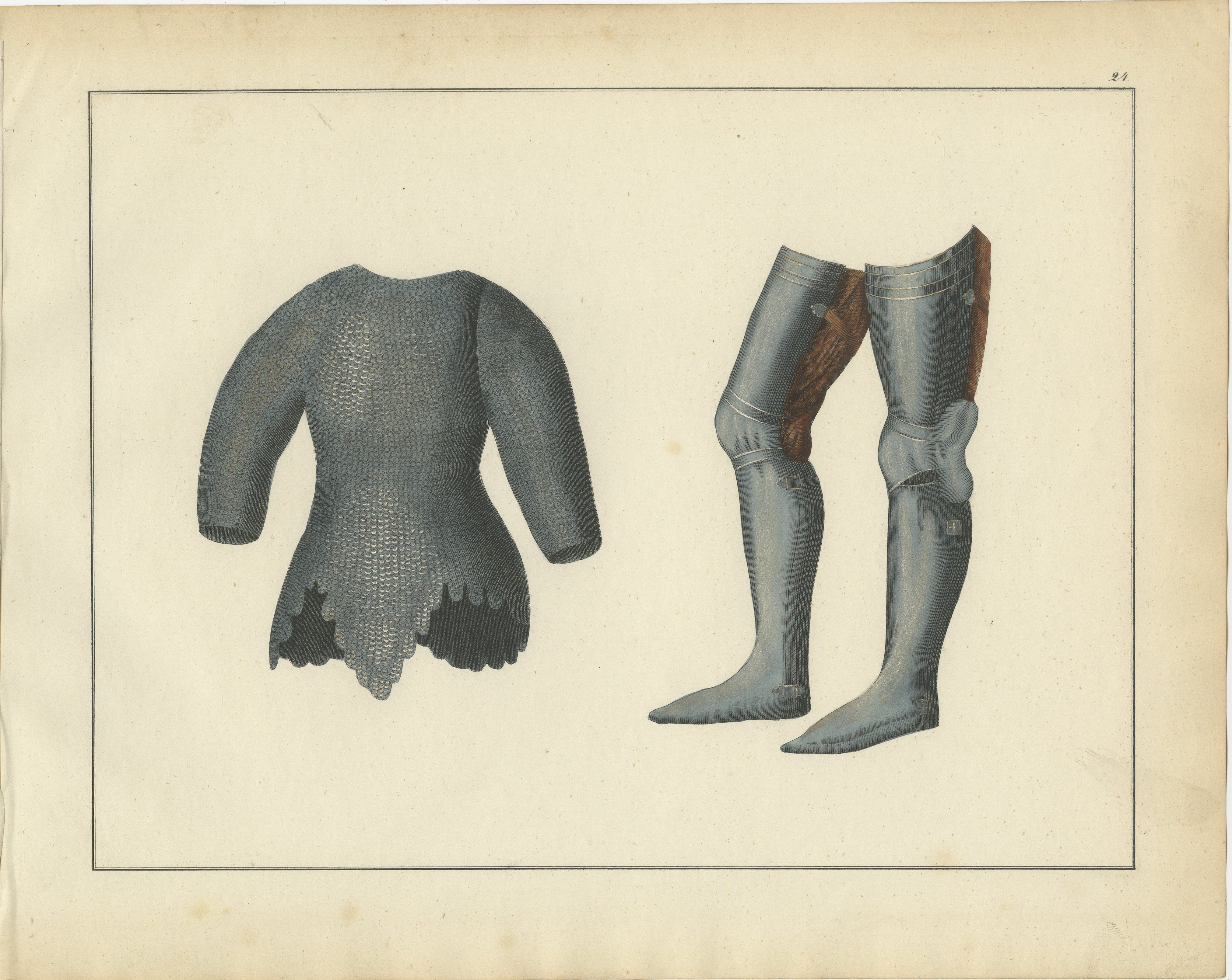Title: 19th-Century Hand-Coloured Lithograph of Chainmail Hauberk and Plate Leg Armor  

Description: This hand-coloured lithograph features a detailed depiction of essential components of medieval armor: a 'chainmail hauberk' and a pair of