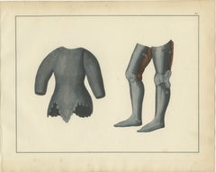 19th-Century Hand-Coloured Lithograph of Chainmail Hauberk and Plate Leg Armor