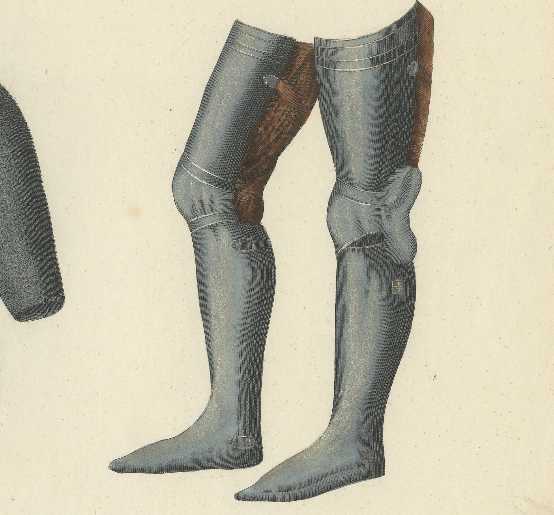 19th-Century Hand-Coloured Lithograph of Chainmail Hauberk and Plate Leg Armor In Good Condition For Sale In Langweer, NL