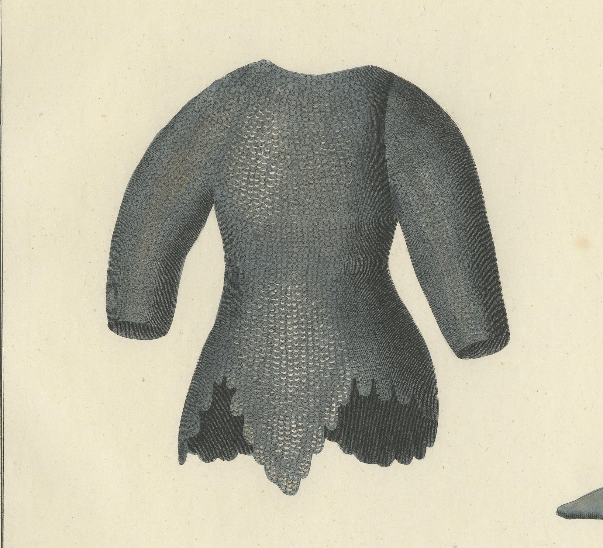 Mid-19th Century 19th-Century Hand-Coloured Lithograph of Chainmail Hauberk and Plate Leg Armor For Sale