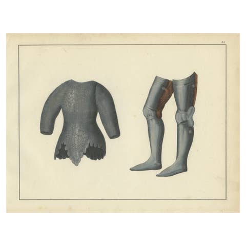 19th-Century Hand-Coloured Lithograph of Chainmail Hauberk and Plate Leg Armor