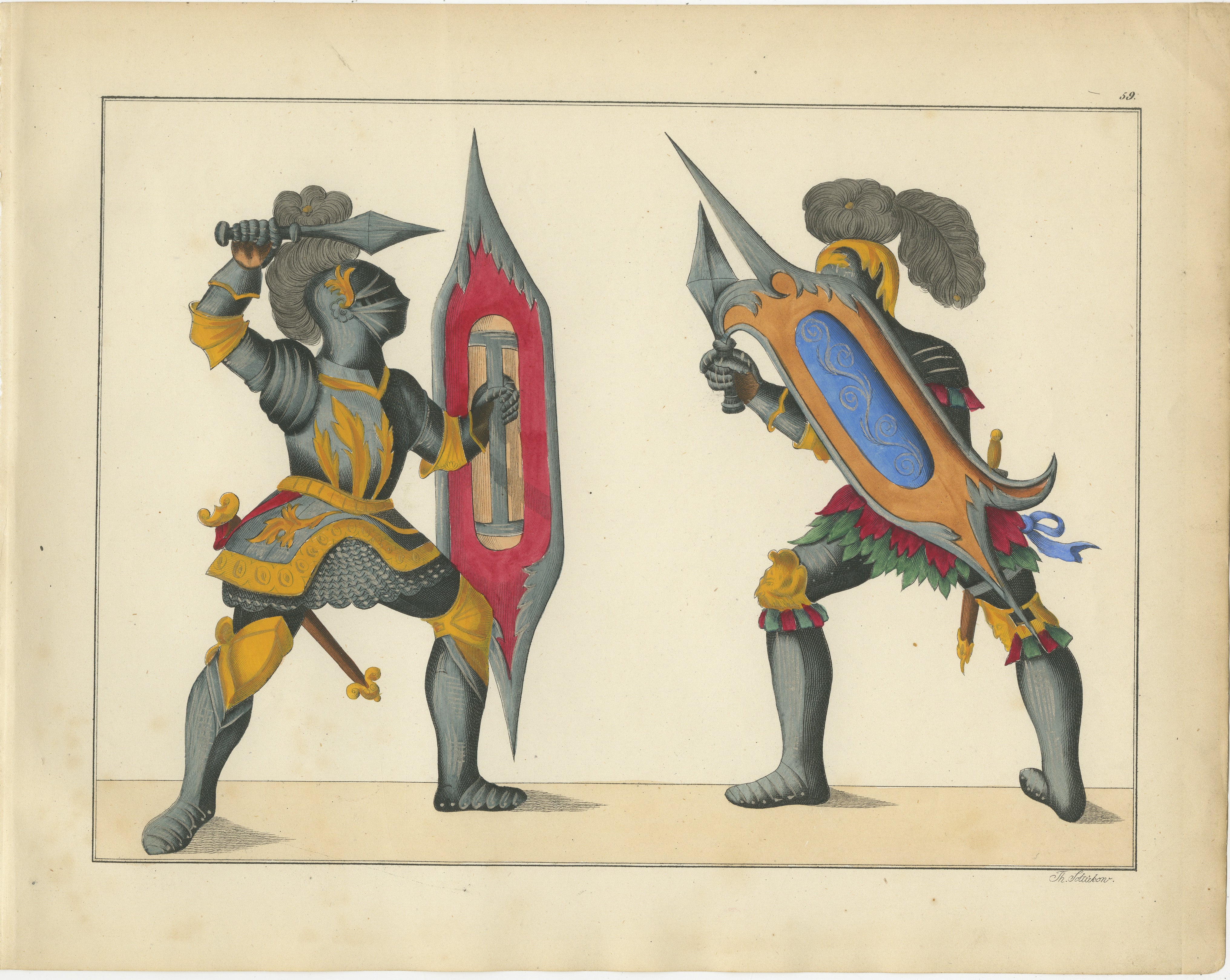 Titel: Handkolorierte Lithografie eines Duells mit verzierten Schilden und Dolchen aus dem 19.

Beschreibung:  Diese lebendige und dynamische handkolorierte Lithografie zeigt zwei kampfbereite Ritter, die beide kunstvolle Stachelschilde und scharfe
