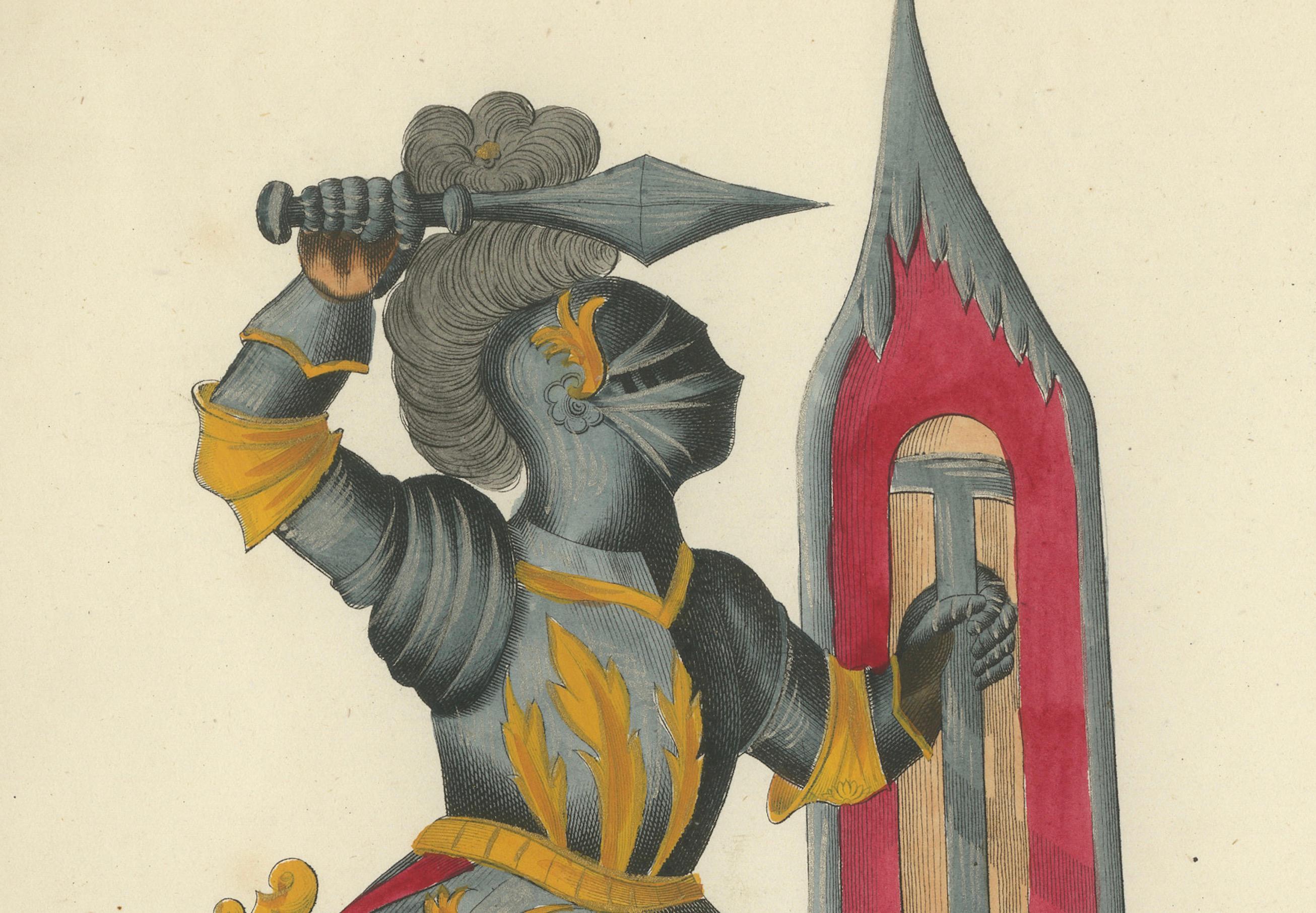 Handkolorierte Lithographie von Duel aus dem 19. Jahrhundert mit verschnörkelten Schildern und Daggers im Angebot 1