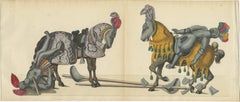 19th-Century Hand-Coloured Lithograph of Fallen Knights and Horses Post-Joust