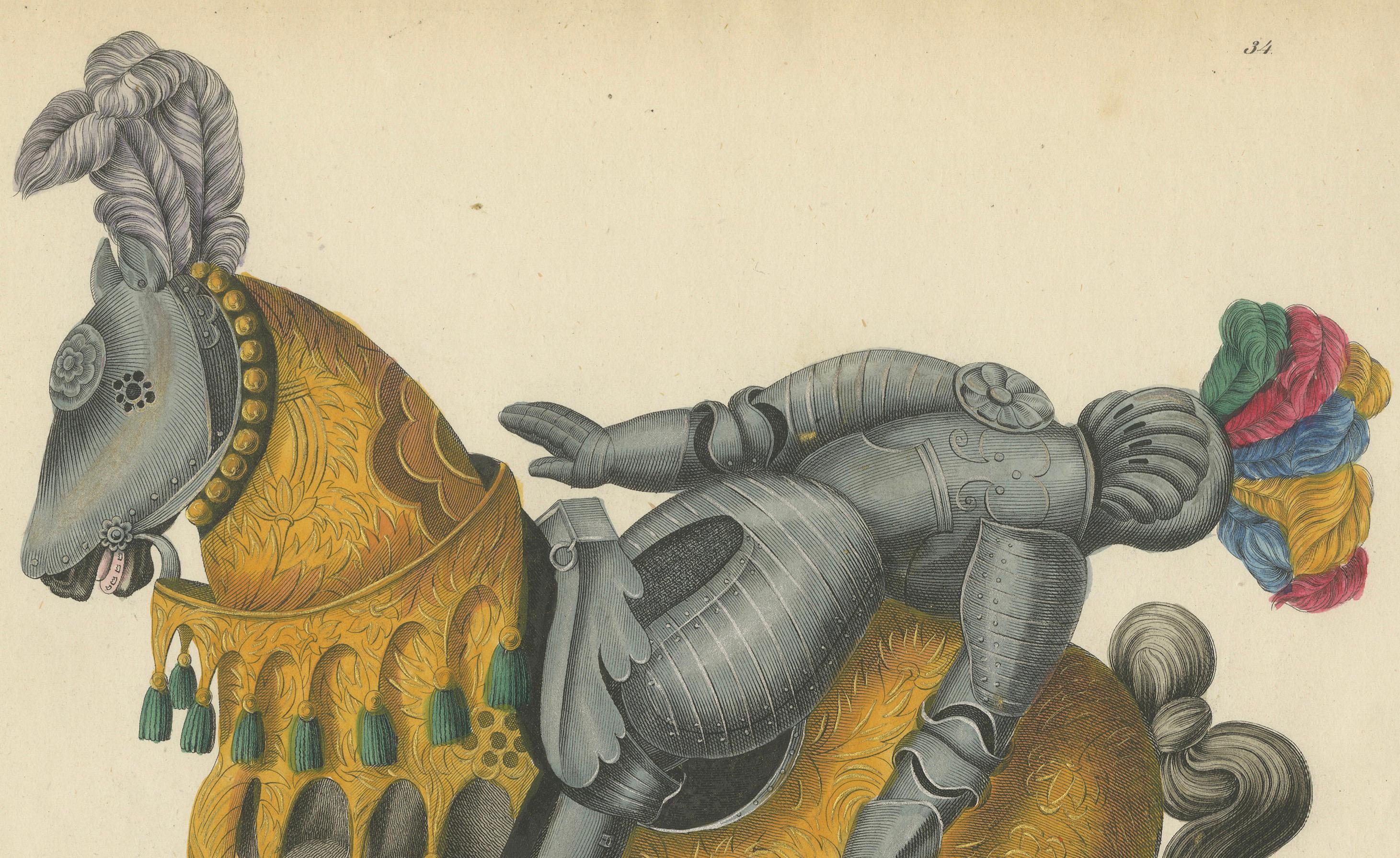 Handkolorierte Lithographie von gefallenen Rittern und Pferden aus dem 19. Jahrhundert Post-Joust, Post-Joust (Mittleres 19. Jahrhundert) im Angebot