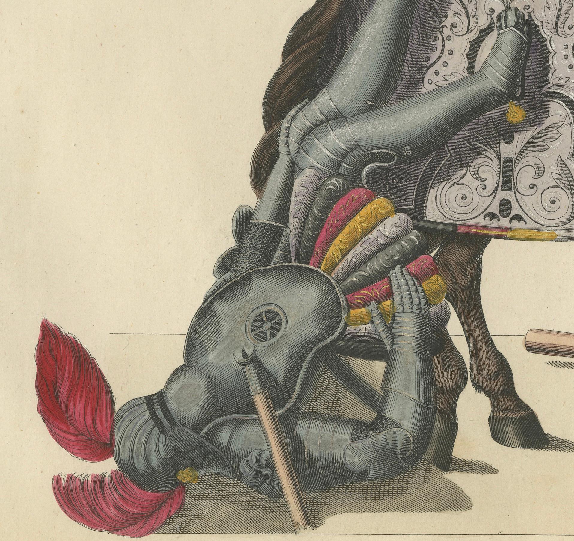 Handkolorierte Lithographie von gefallenen Rittern und Pferden aus dem 19. Jahrhundert Post-Joust, Post-Joust (Papier) im Angebot