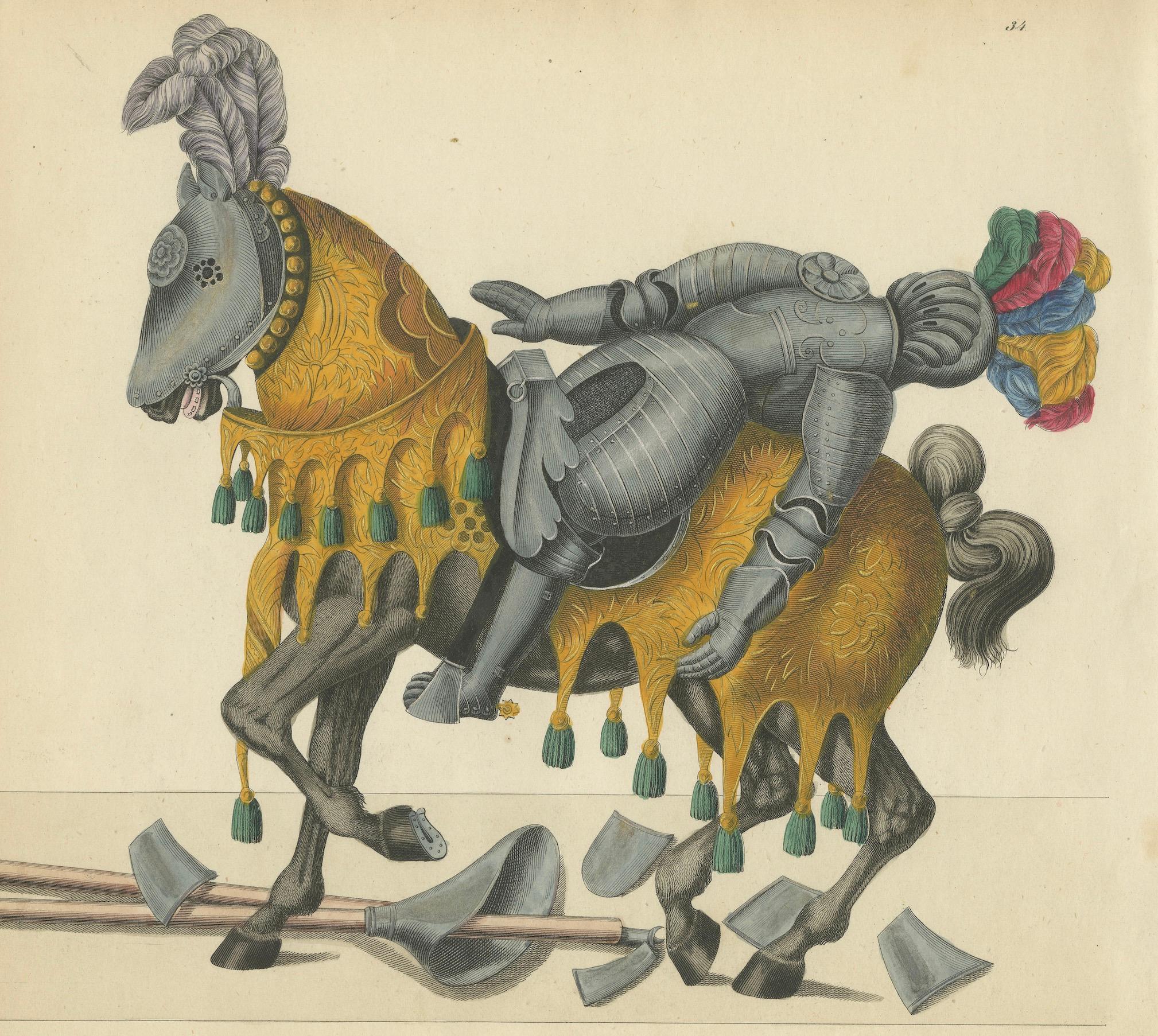 Handkolorierte Lithographie von gefallenen Rittern und Pferden aus dem 19. Jahrhundert Post-Joust, Post-Joust im Angebot 1