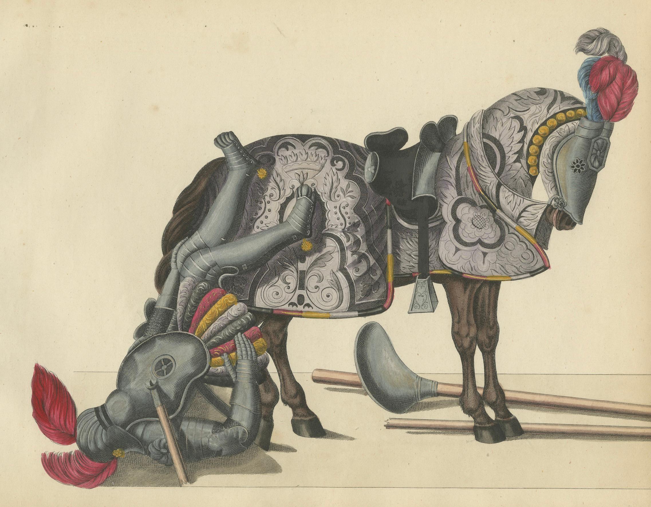 Handkolorierte Lithographie von gefallenen Rittern und Pferden aus dem 19. Jahrhundert Post-Joust, Post-Joust im Angebot 2
