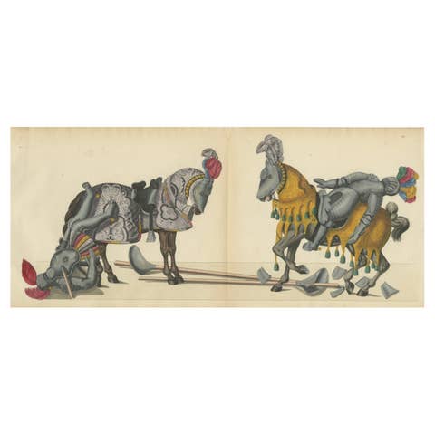 19th-Century Hand-Coloured Lithograph of Fallen Knights and Horses Post-Joust