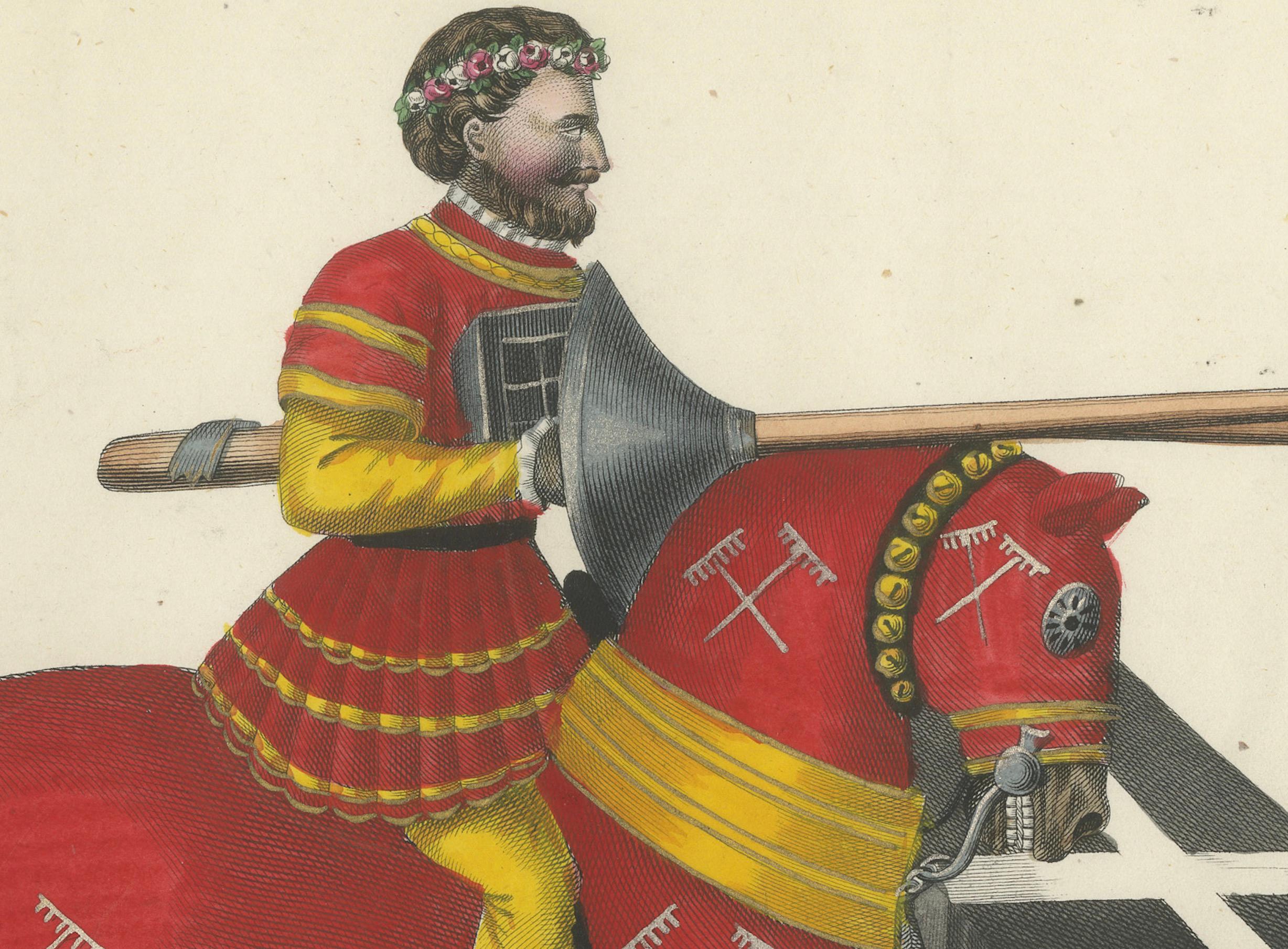 Handkolorierte Lithographie von Jousting Gentlemen in lebhaftem Anzug aus dem 19. Jahrhundert im Zustand „Gut“ im Angebot in Langweer, NL