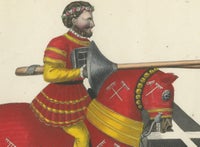 19th-Century Hand-Coloured Lithograph of Jousting Gentlemen in Vibrant Attire, view 3