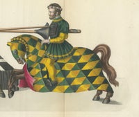 19th-Century Hand-Coloured Lithograph of Jousting Gentlemen in Vibrant Attire, view 4