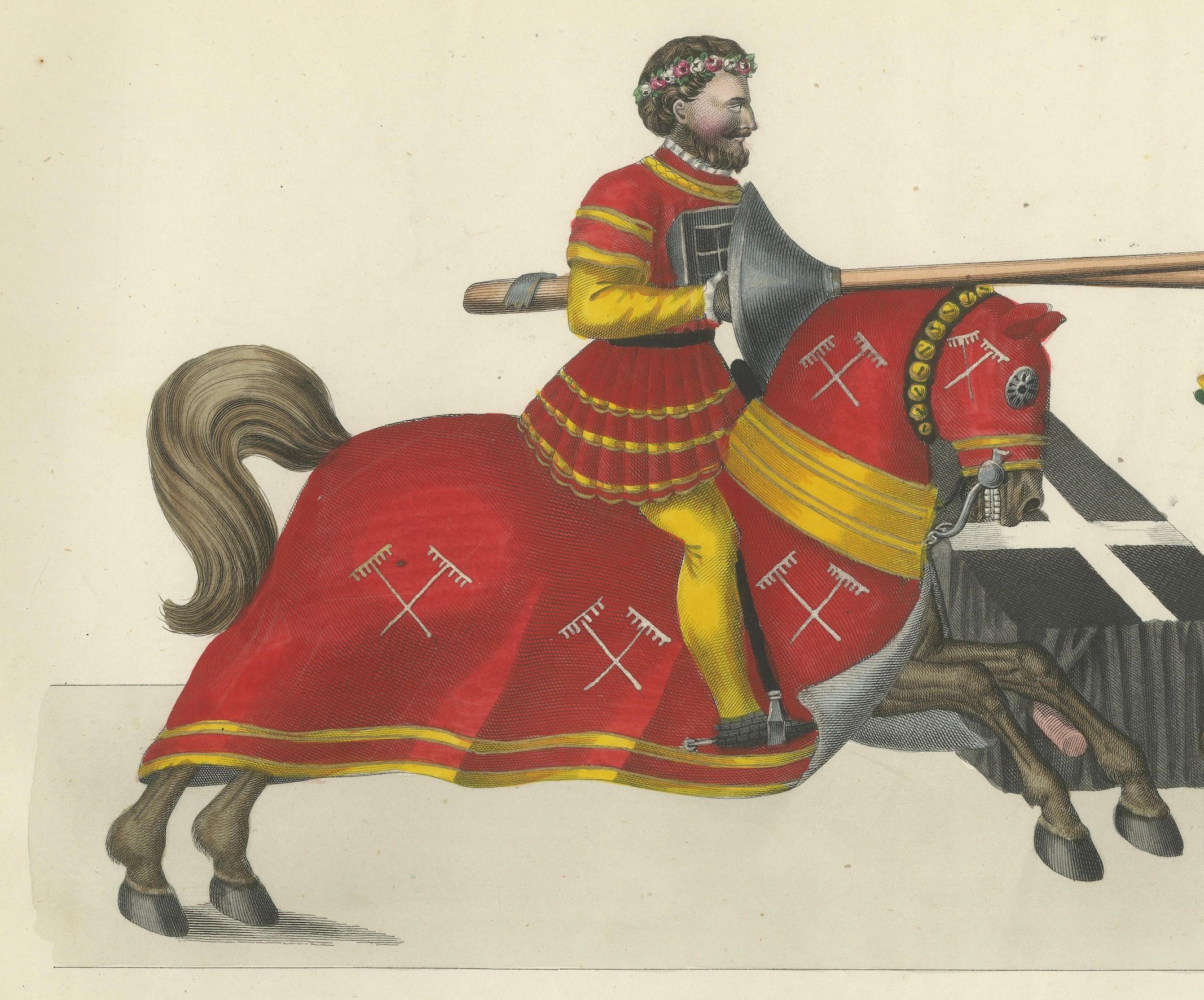 Handkolorierte Lithographie von Jousting Gentlemen in lebhaftem Anzug aus dem 19. Jahrhundert (Papier) im Angebot