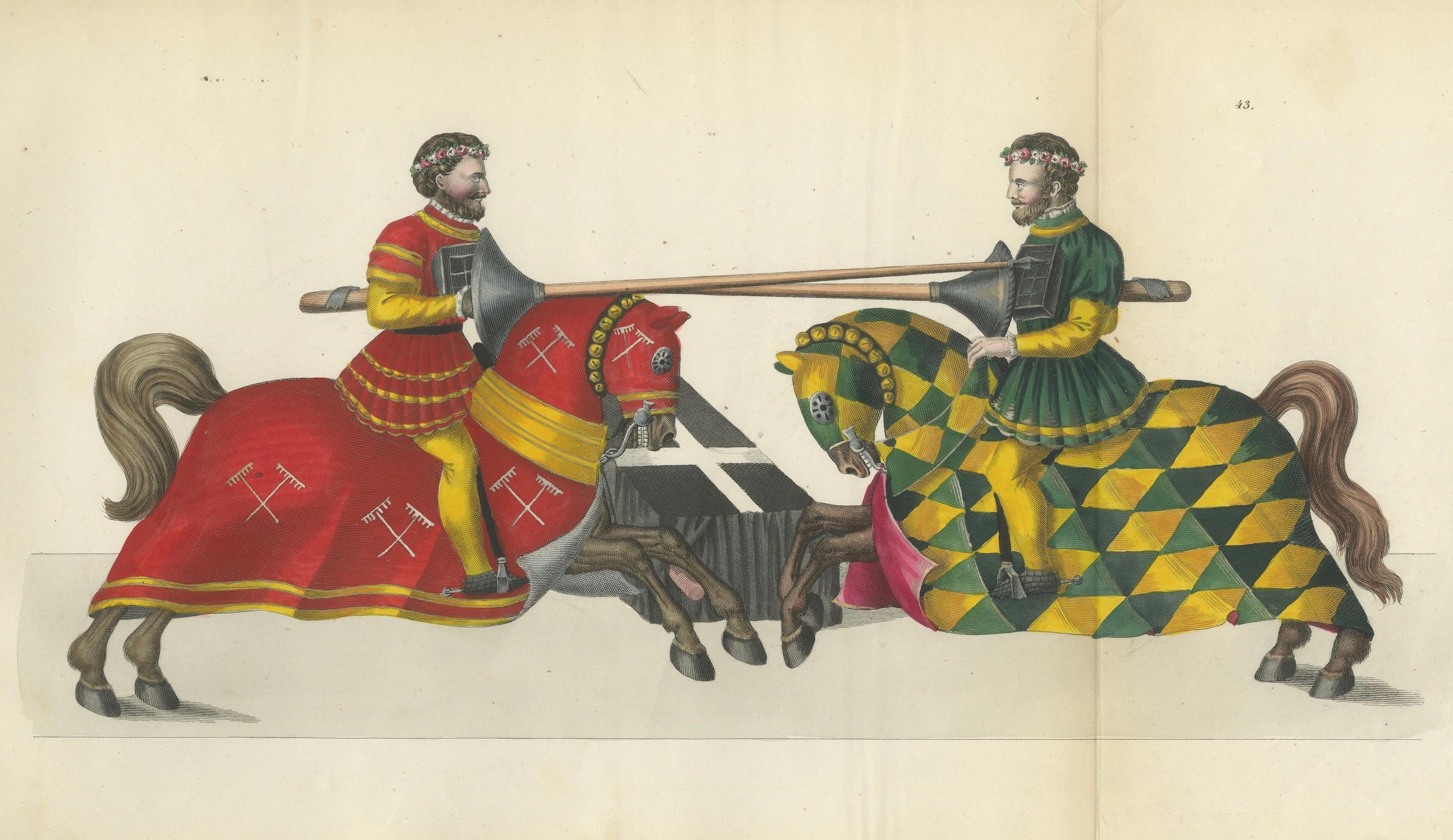 Handkolorierte Lithographie von Jousting Gentlemen in lebhaftem Anzug aus dem 19. Jahrhundert im Angebot 1