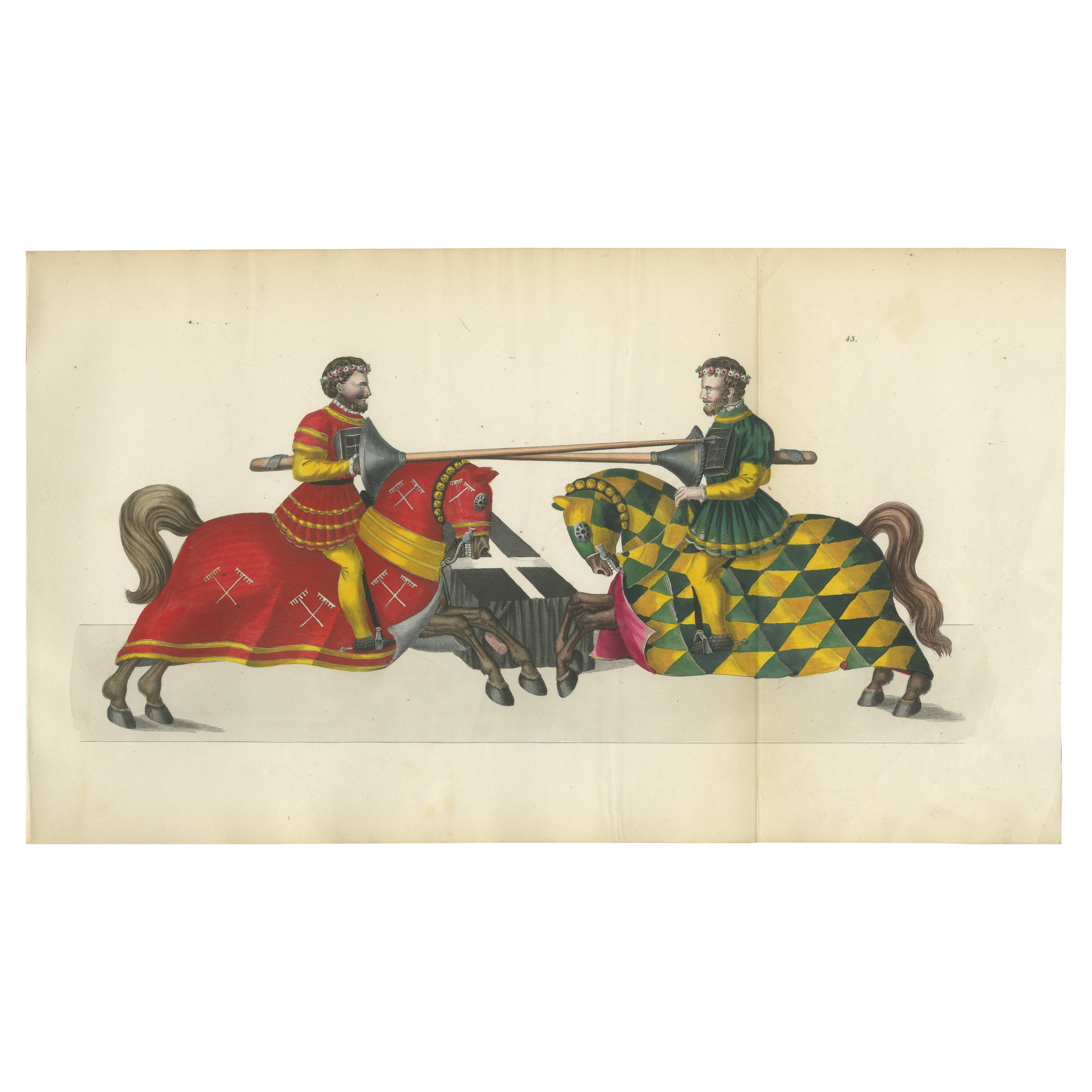 19th-Century Hand-Coloured Lithograph of Jousting Gentlemen in Vibrant Attire