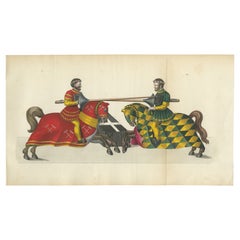 19th-Century Hand-Coloured Lithograph of Jousting Gentlemen in Vibrant Attire