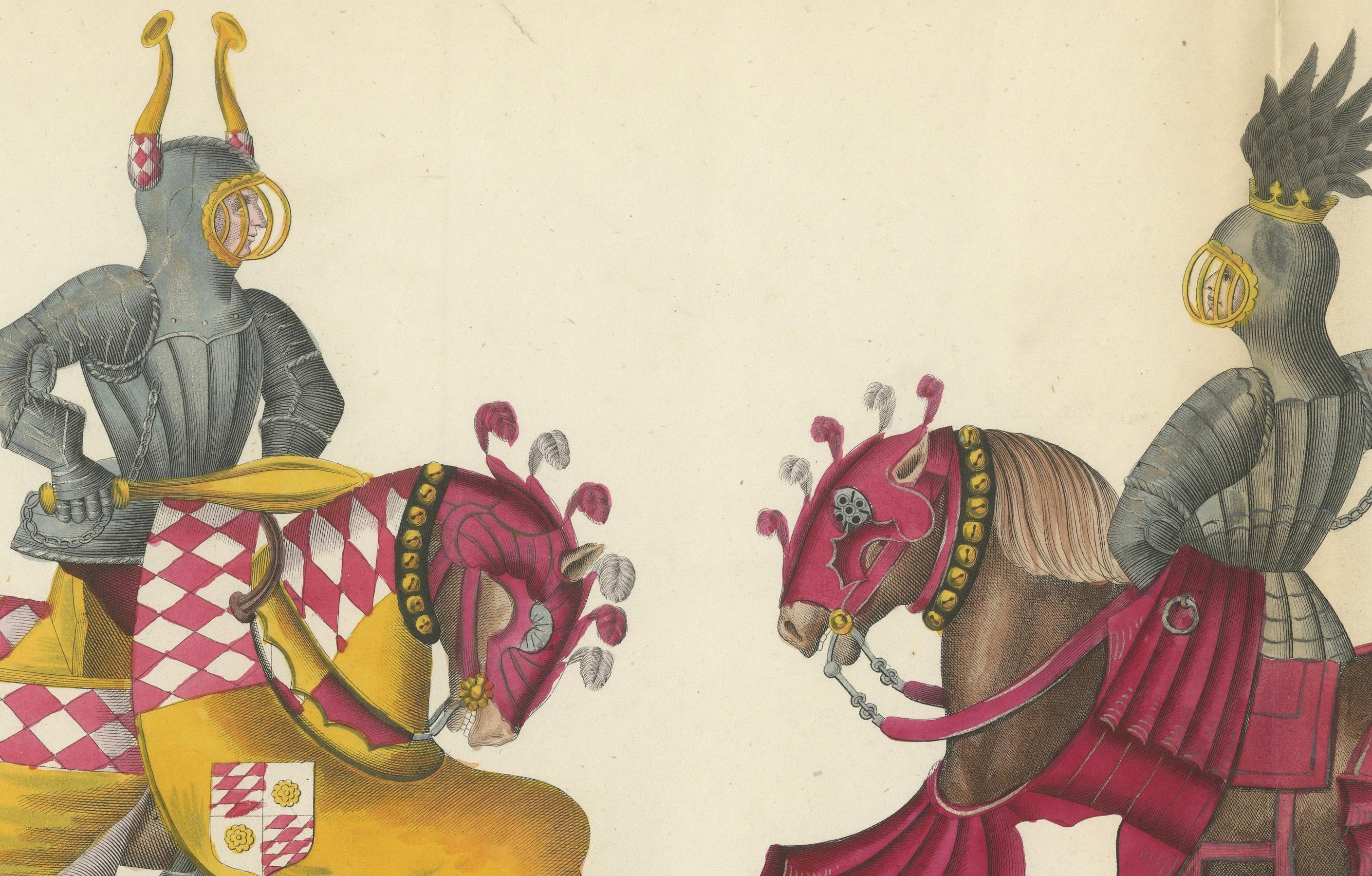 Handkolorierte Lithographie des 19. Jahrhunderts von Ritterkämpfen mit Wappenpferden
 
Diese bemerkenswerte handkolorierte Originallithografie aus dem Jahr 1842 hält einen eindrucksvollen Moment aus der Welt der mittelalterlich inspirierten Turniere