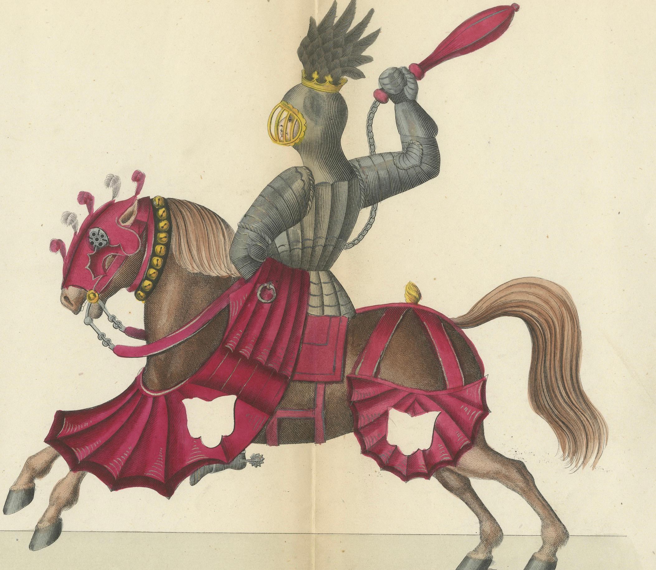 Handkolorierte Lithographie des 19. Jahrhunderts von Ritterkämpfen mit Wappenpferden im Zustand „Gut“ im Angebot in Langweer, NL