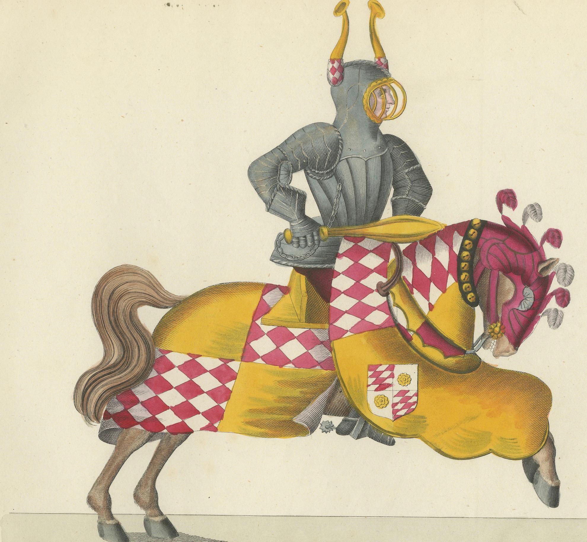 Handkolorierte Lithographie des 19. Jahrhunderts von Ritterkämpfen mit Wappenpferden (Mittleres 19. Jahrhundert) im Angebot