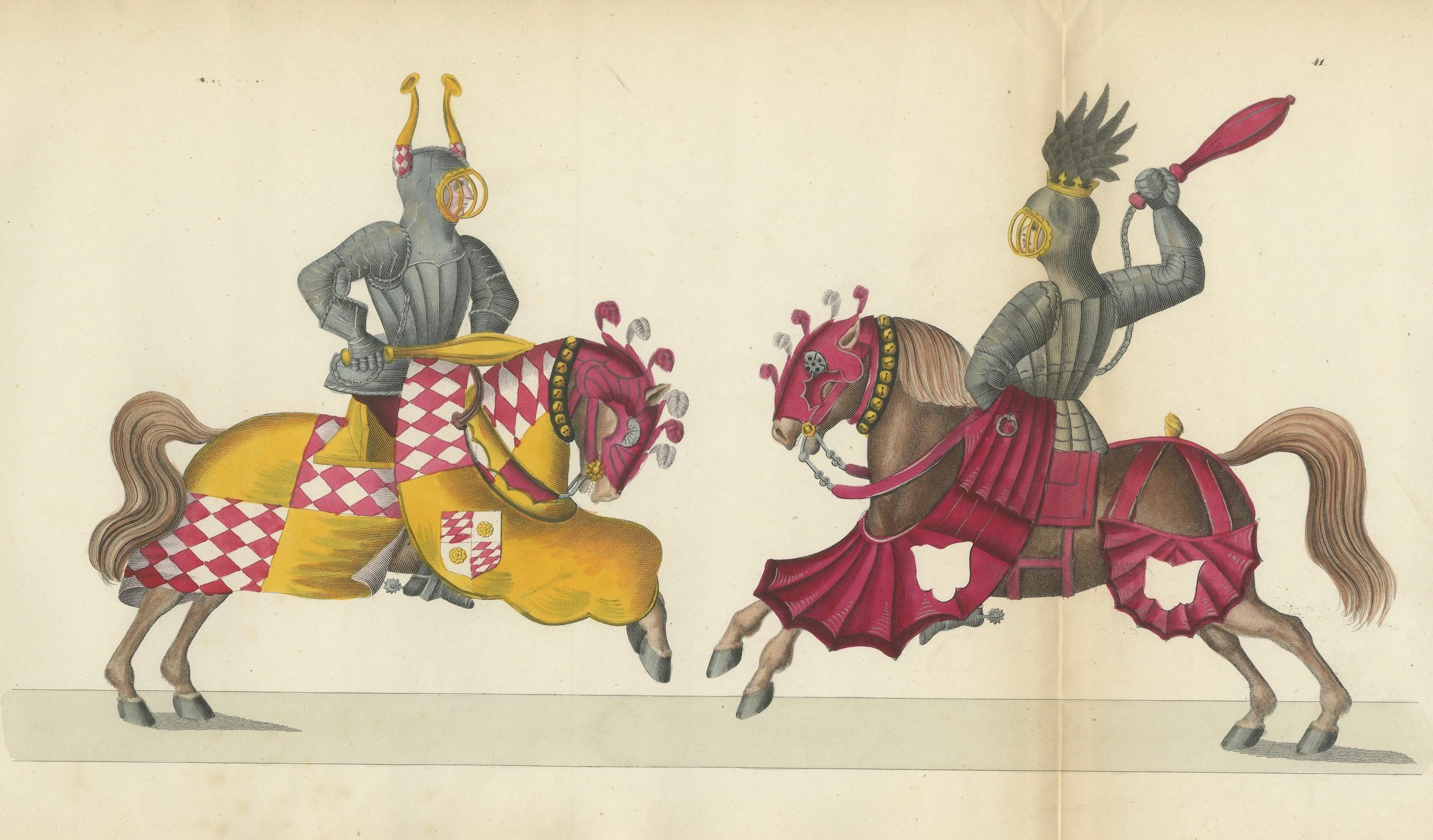 Handkolorierte Lithographie des 19. Jahrhunderts von Ritterkämpfen mit Wappenpferden (Papier) im Angebot