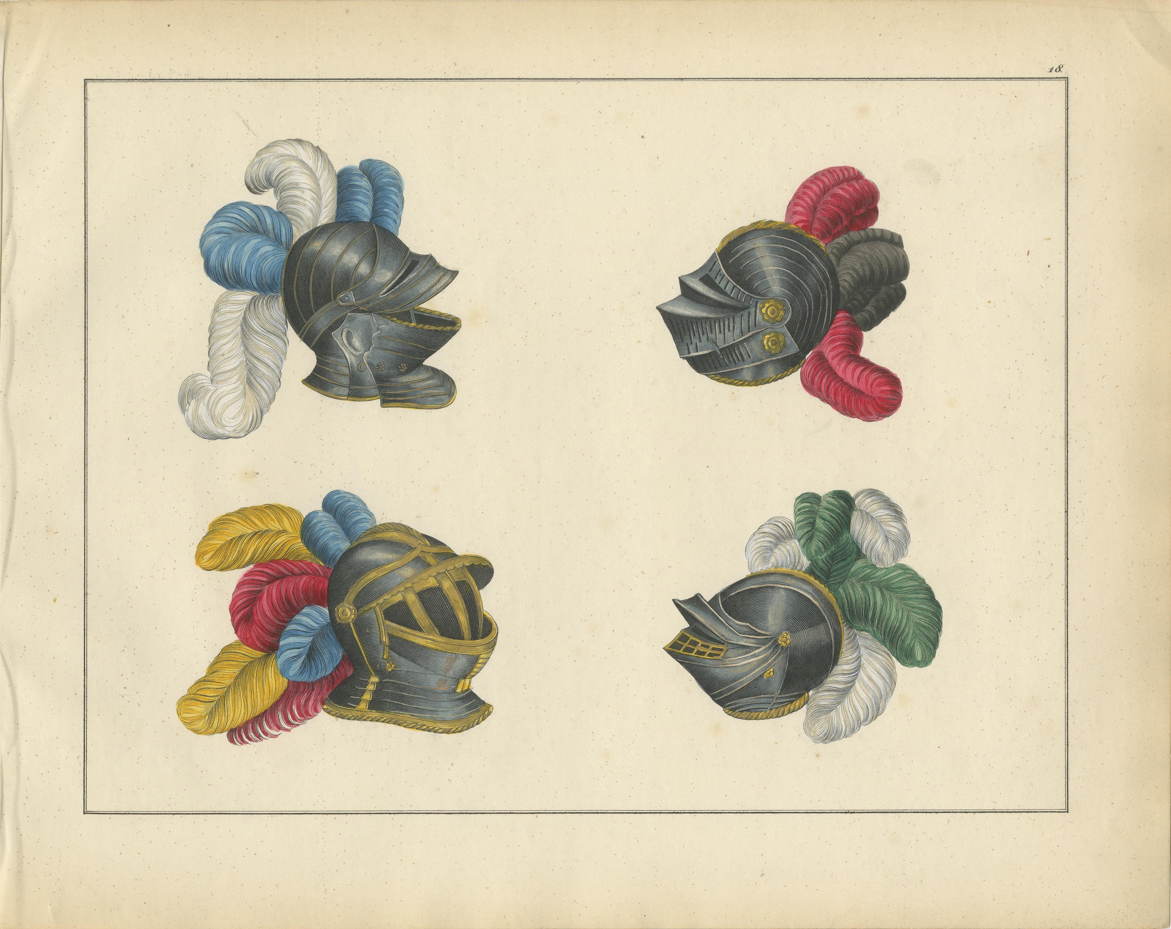 Lithographie du XIXe siècle, coloriée à la main, représentant des casques de chevaliers avec des panaches éclatants  

Description :  
Cette étonnante lithographie coloriée à la main représente quatre casques de chevaliers minutieusement décorés et
