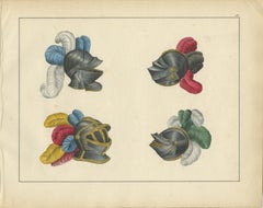 19th-Century Hand-Coloured Lithograph of Knightly Helmets with Vibrant Plumes