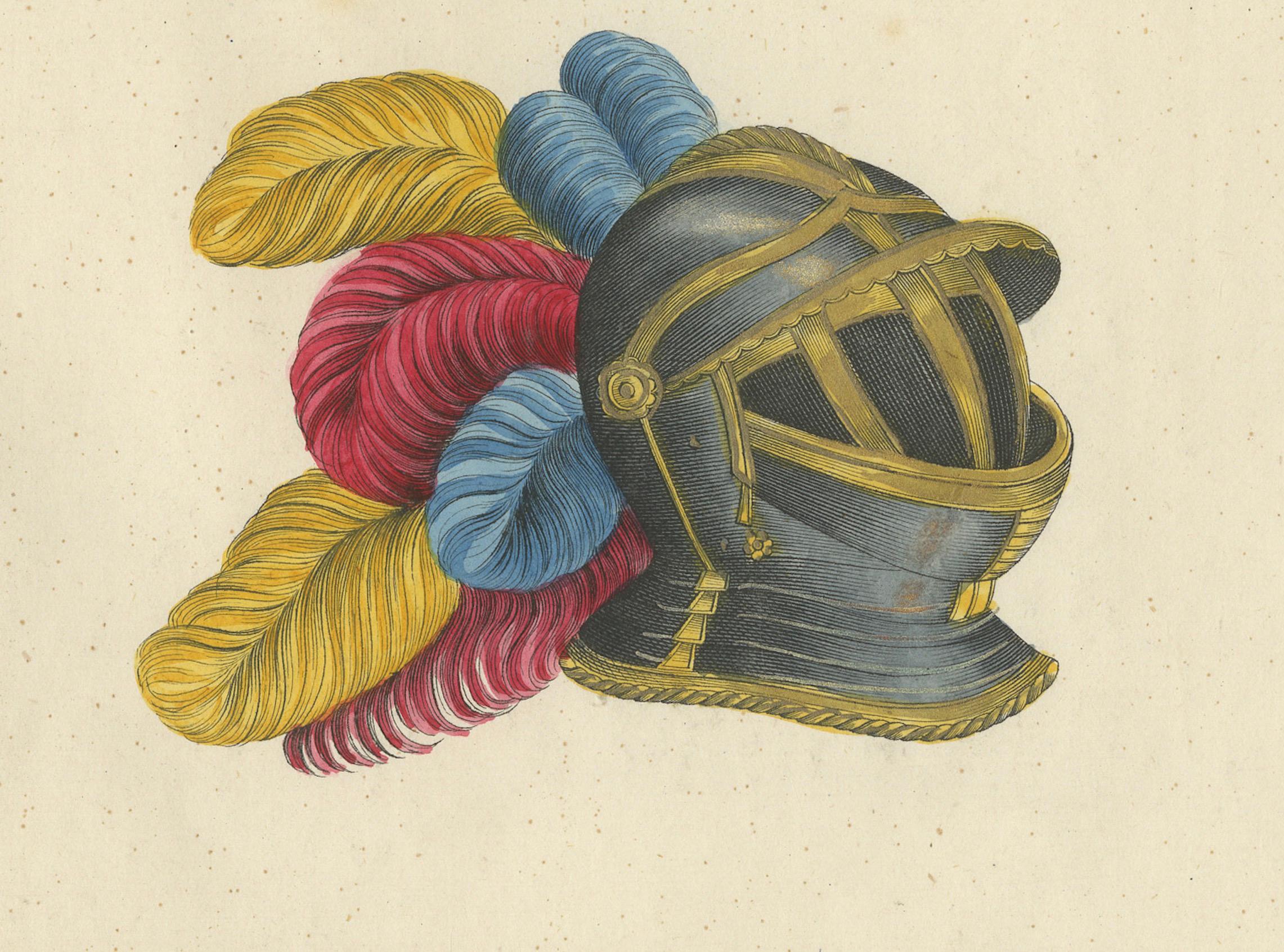 Lithographie du XIXe siècle, coloriée à la main, représentant des casques de chevaliers avec des panaches éclatants Bon état - En vente à Langweer, NL
