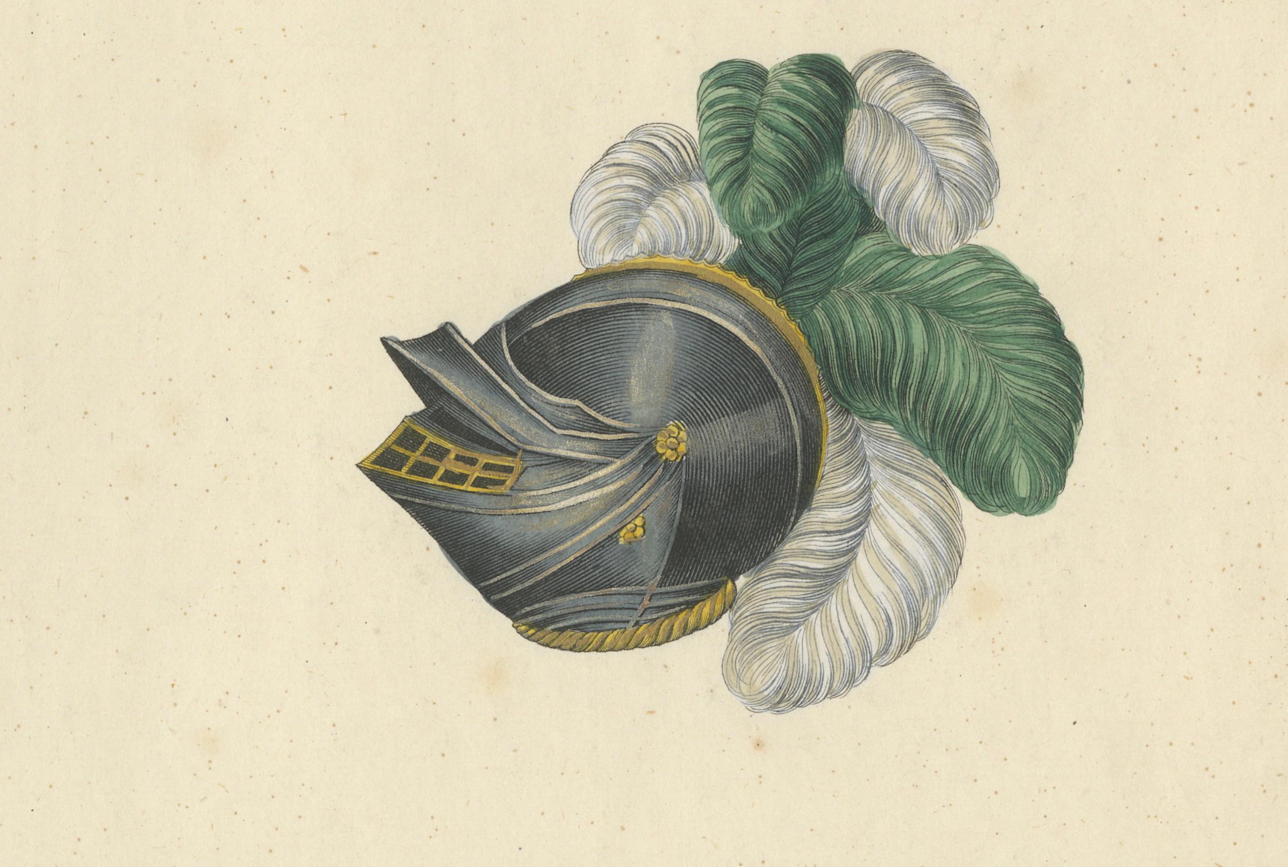 Milieu du XIXe siècle Lithographie du XIXe siècle, coloriée à la main, représentant des casques de chevaliers avec des panaches éclatants en vente