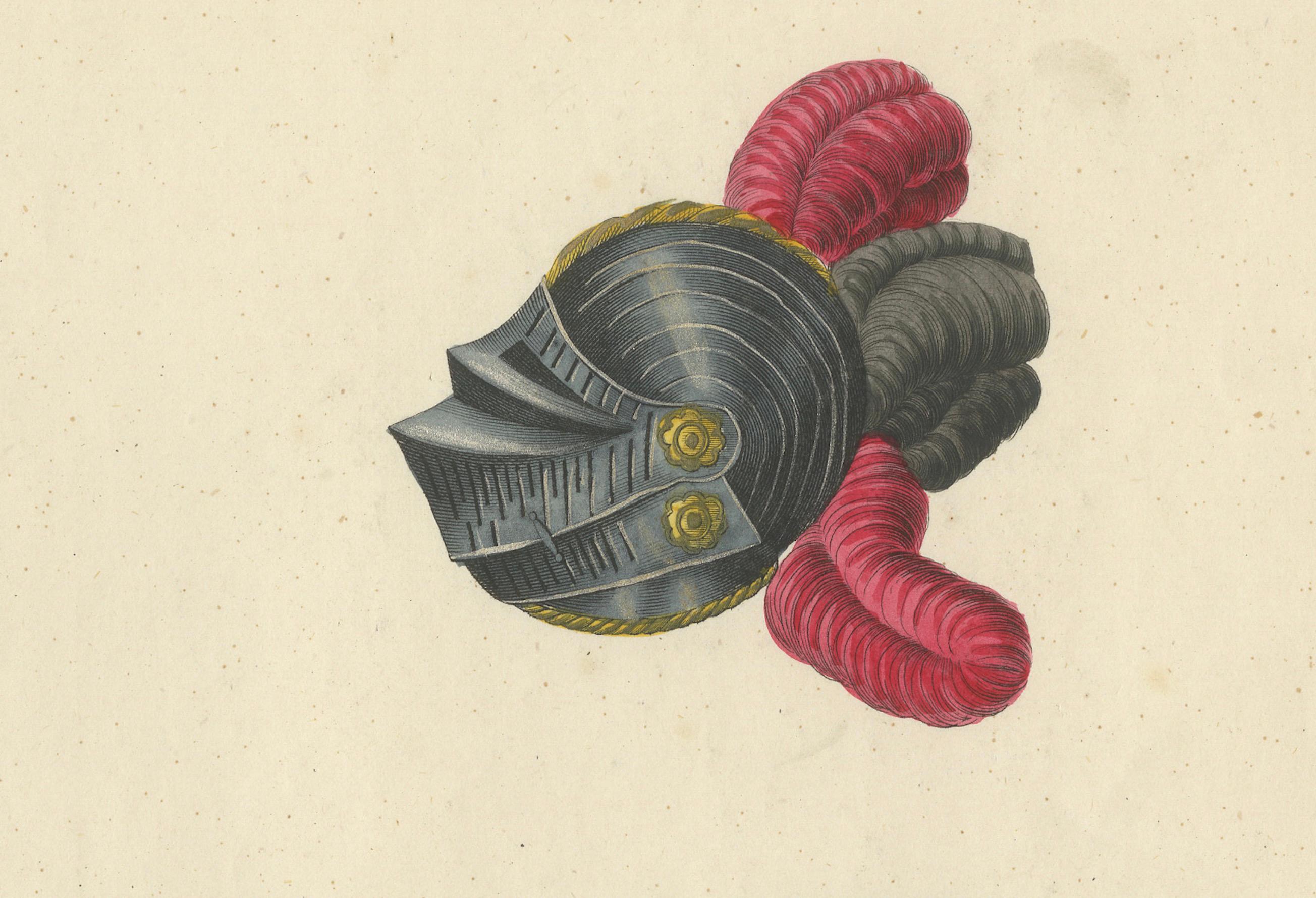 Papier Lithographie du XIXe siècle, coloriée à la main, représentant des casques de chevaliers avec des panaches éclatants en vente