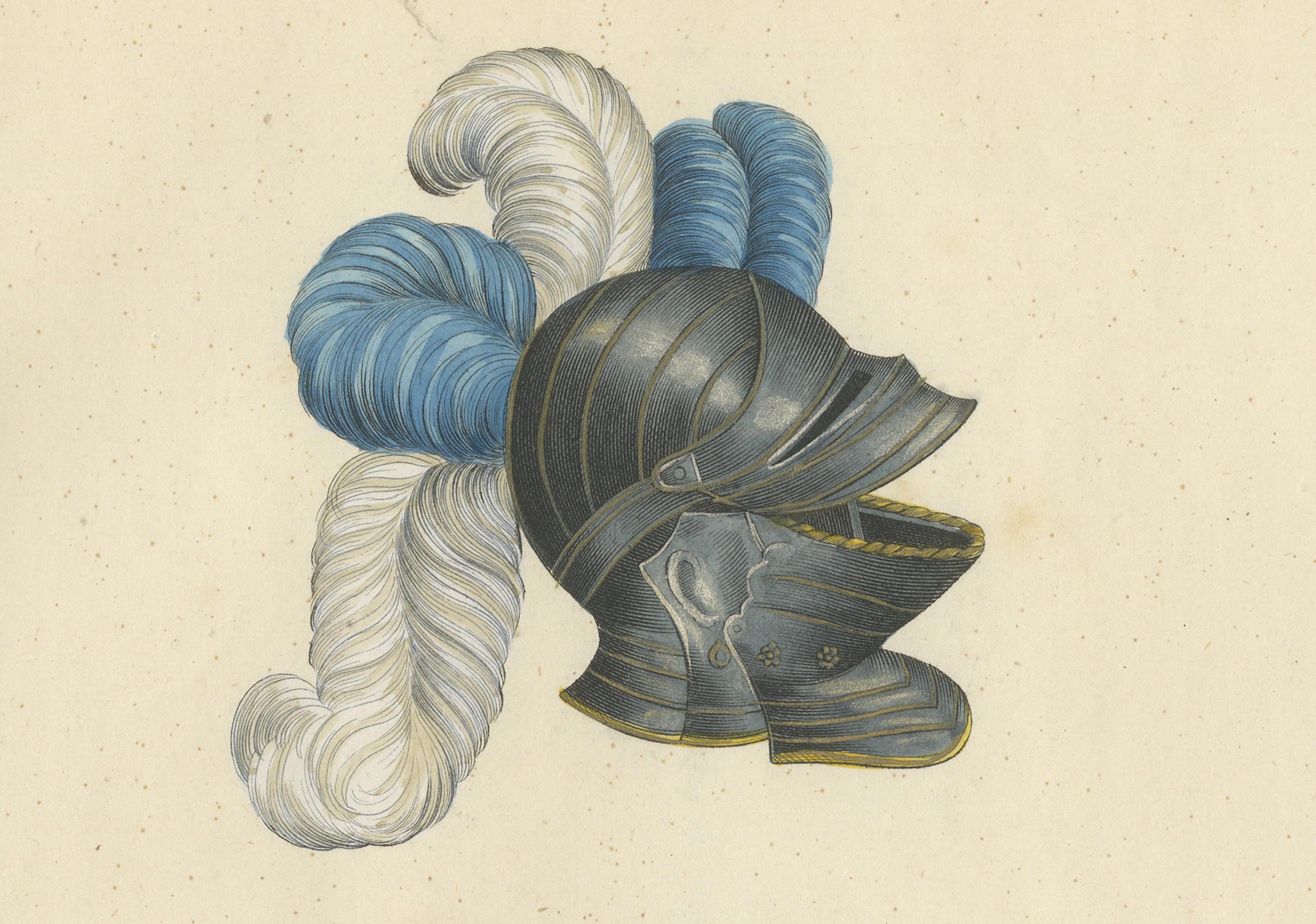 Lithographie du XIXe siècle, coloriée à la main, représentant des casques de chevaliers avec des panaches éclatants en vente 1