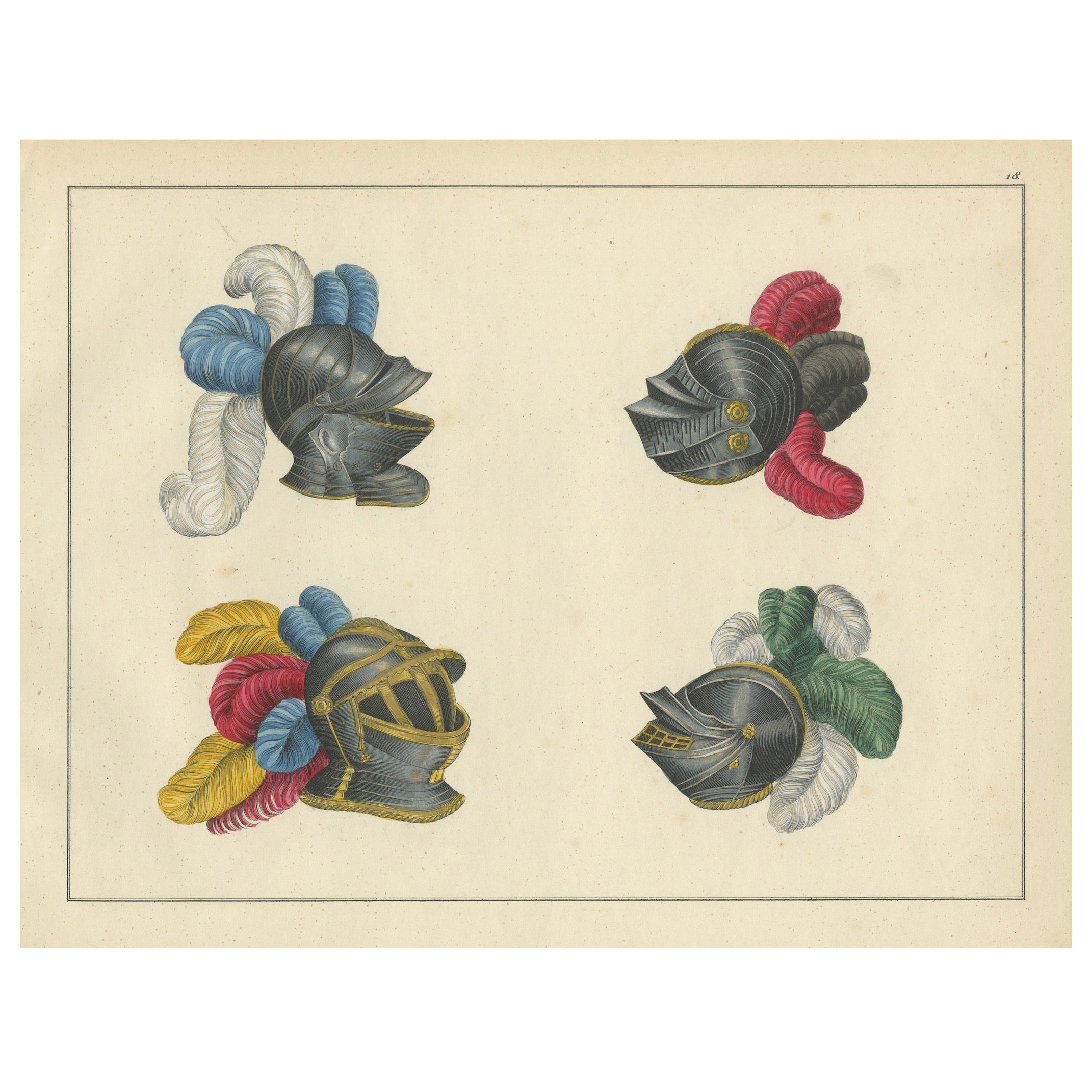 Handkolorierte Lithographie von Ritter Helmen mit lebhaften Pflaumen aus dem 19. Jahrhundert
