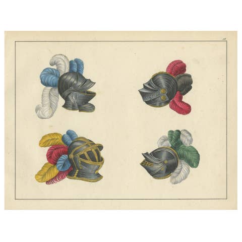 19th-Century Hand-Coloured Lithograph of Knightly Helmets with Vibrant Plumes