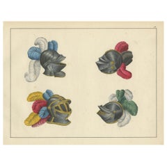 Handkolorierte Lithographie von Ritter Helmen mit lebhaften Pflaumen aus dem 19. Jahrhundert