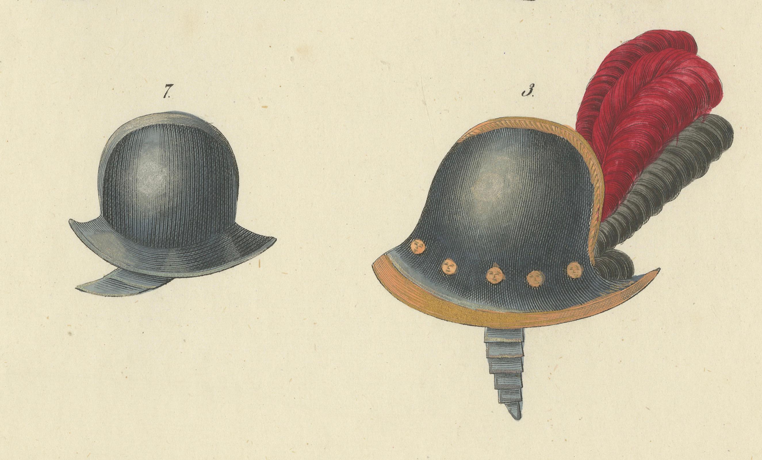 Handkolorierte Lithographie von Helmen der mittelalterlichen und Renaissance aus dem 19. Jahrhundert im Zustand „Gut“ im Angebot in Langweer, NL
