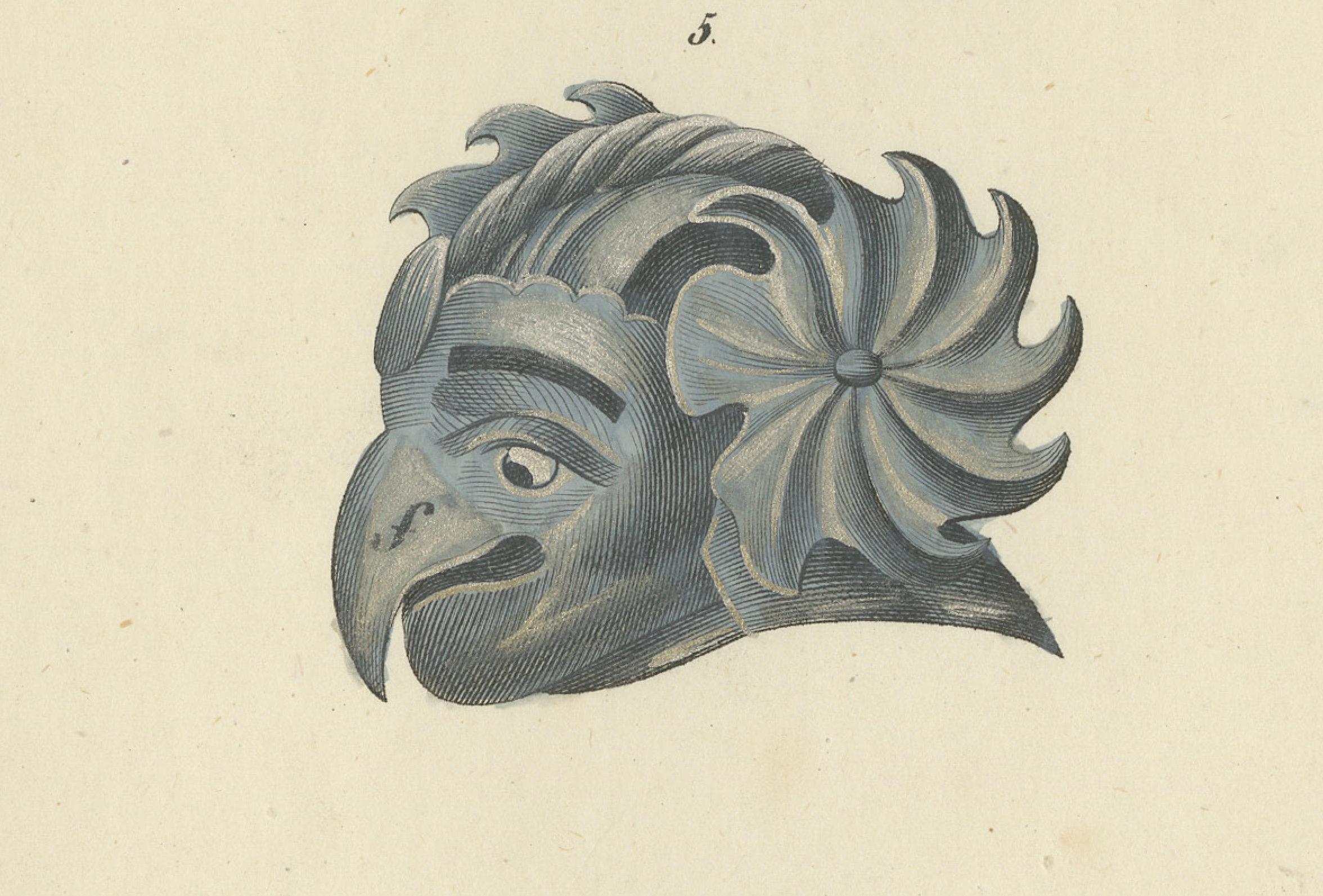 Handkolorierte Lithographie von Helmen der mittelalterlichen und Renaissance aus dem 19. Jahrhundert (Papier) im Angebot