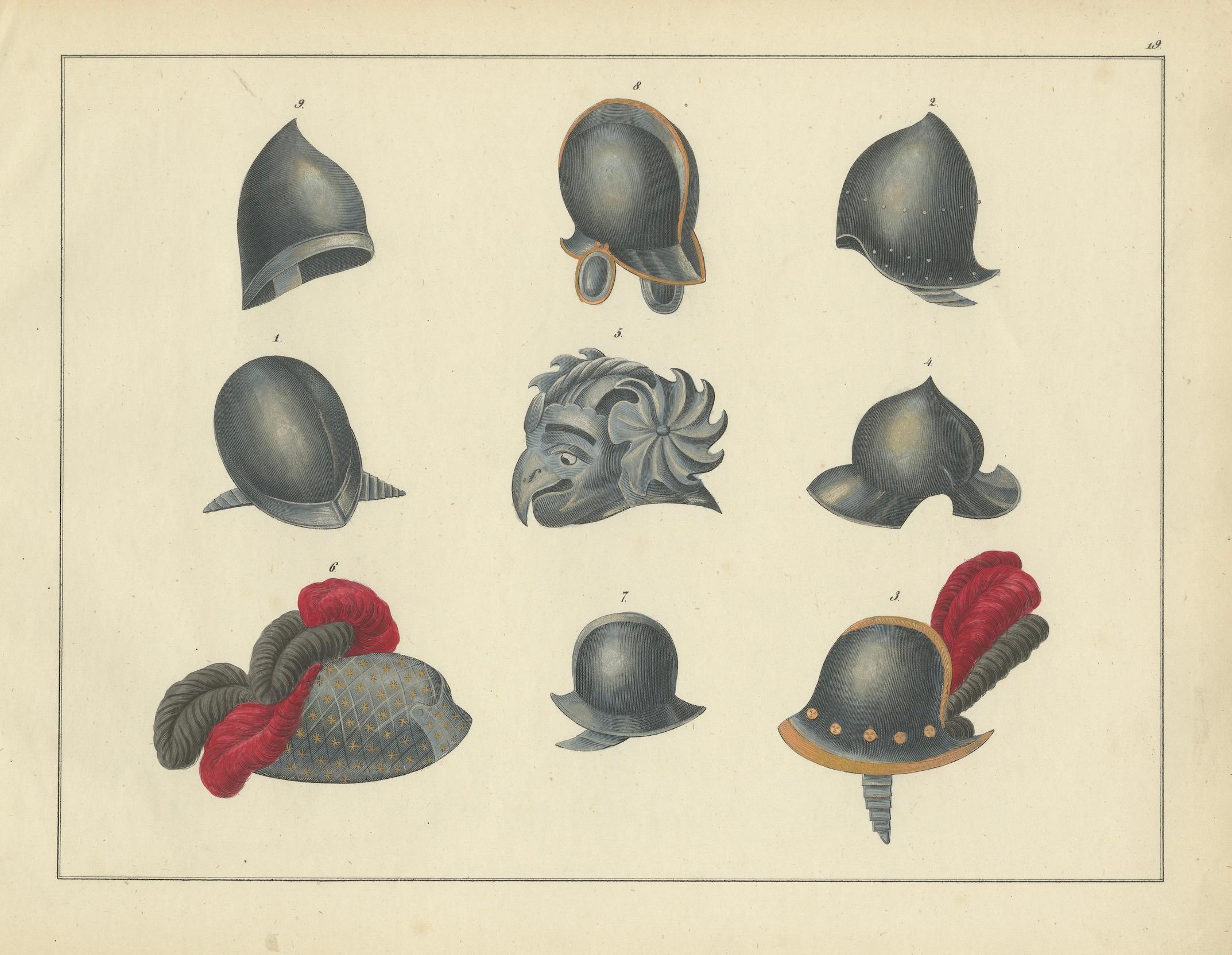 Handkolorierte Lithographie von Helmen der mittelalterlichen und Renaissance aus dem 19. Jahrhundert im Angebot 1