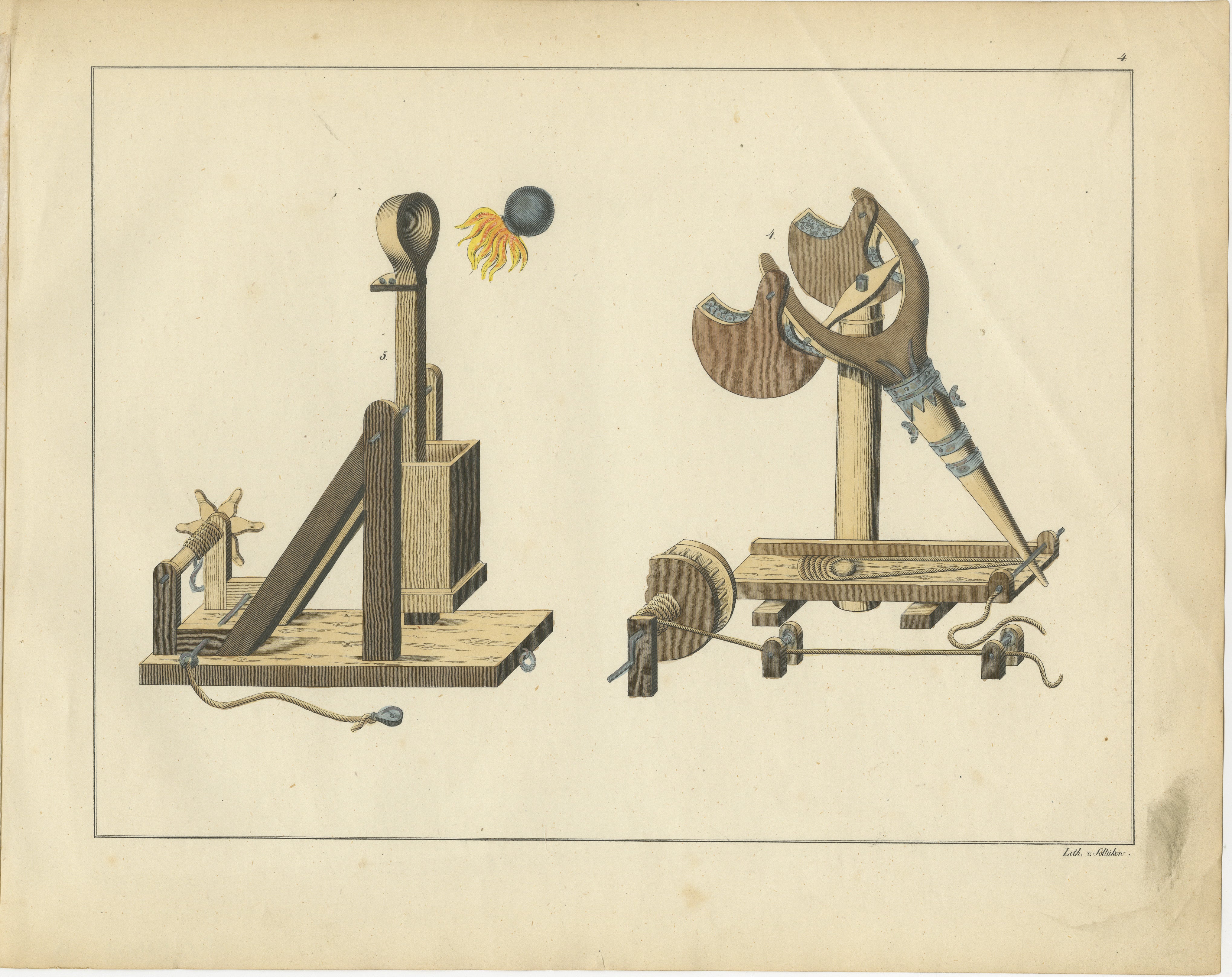 Title: 19th-Century Hand-Coloured Lithograph of Medieval Catapults and Siege Engines  

Description: This finely hand-coloured lithograph features two intricately designed 'medieval catapults and siege engines', showcasing the engineering marvels