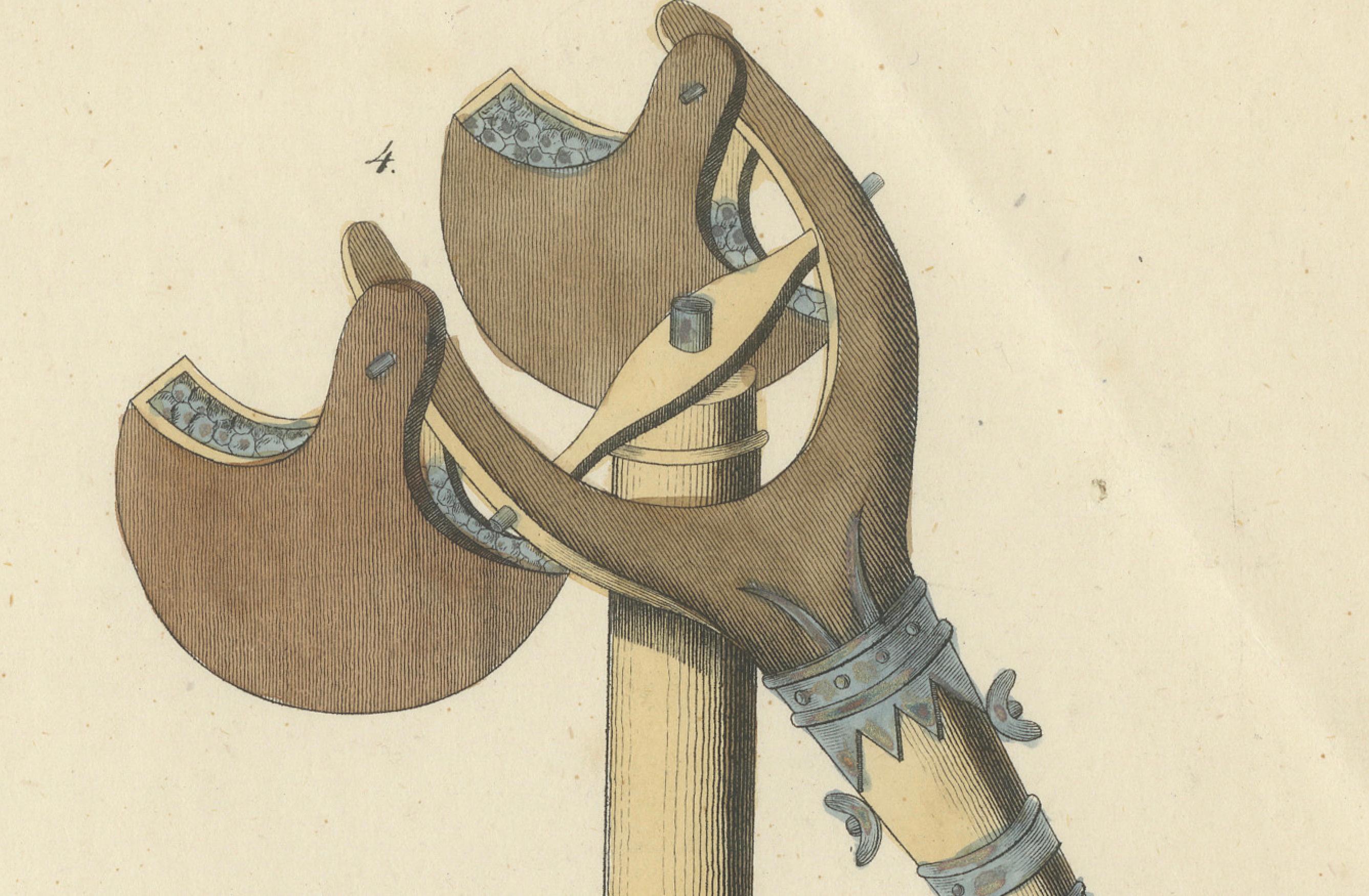 19th-Century Hand-Coloured Lithograph of Medieval Catapults and Siege Engines In Good Condition For Sale In Langweer, NL