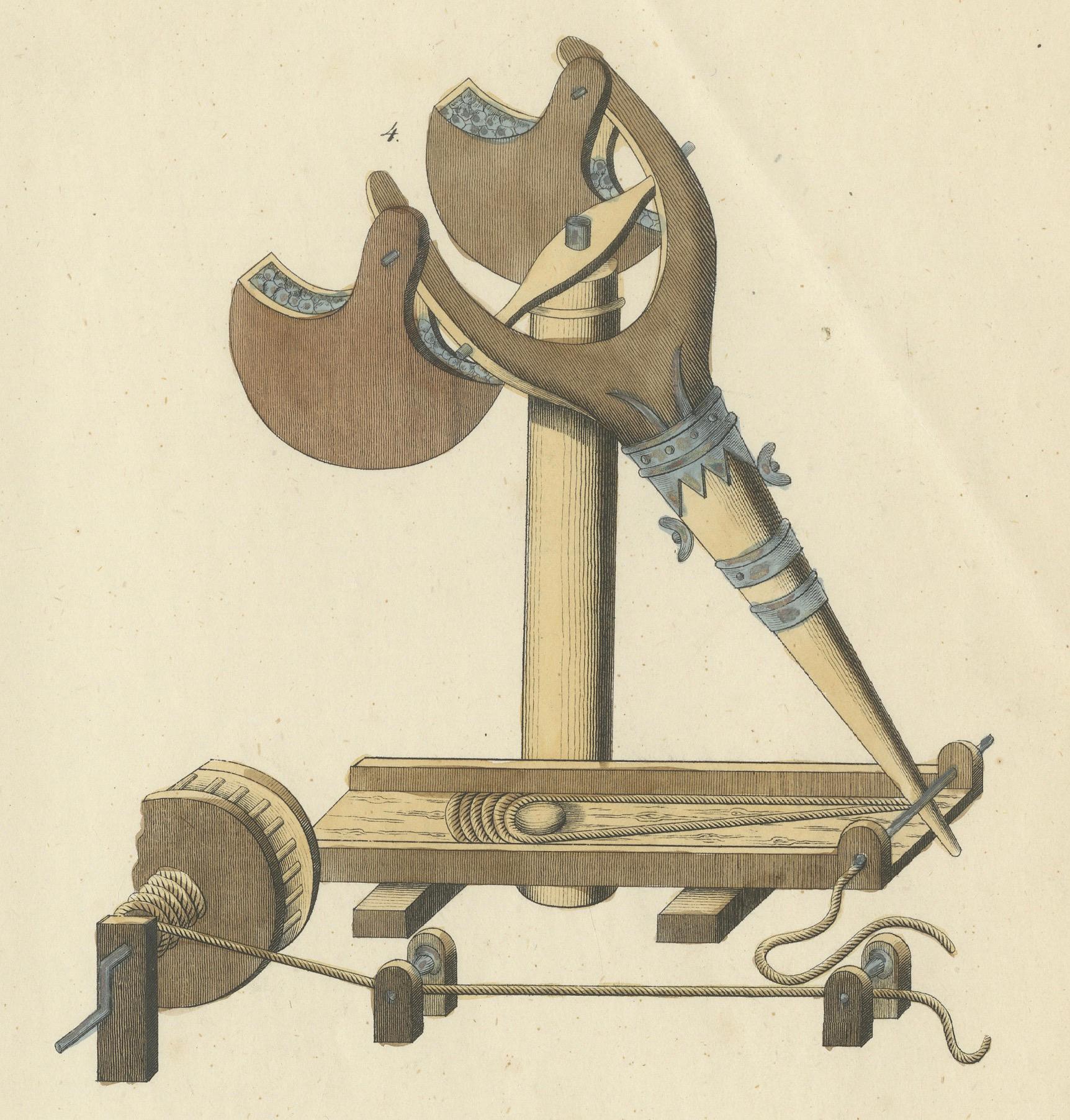 Mid-19th Century 19th-Century Hand-Coloured Lithograph of Medieval Catapults and Siege Engines For Sale