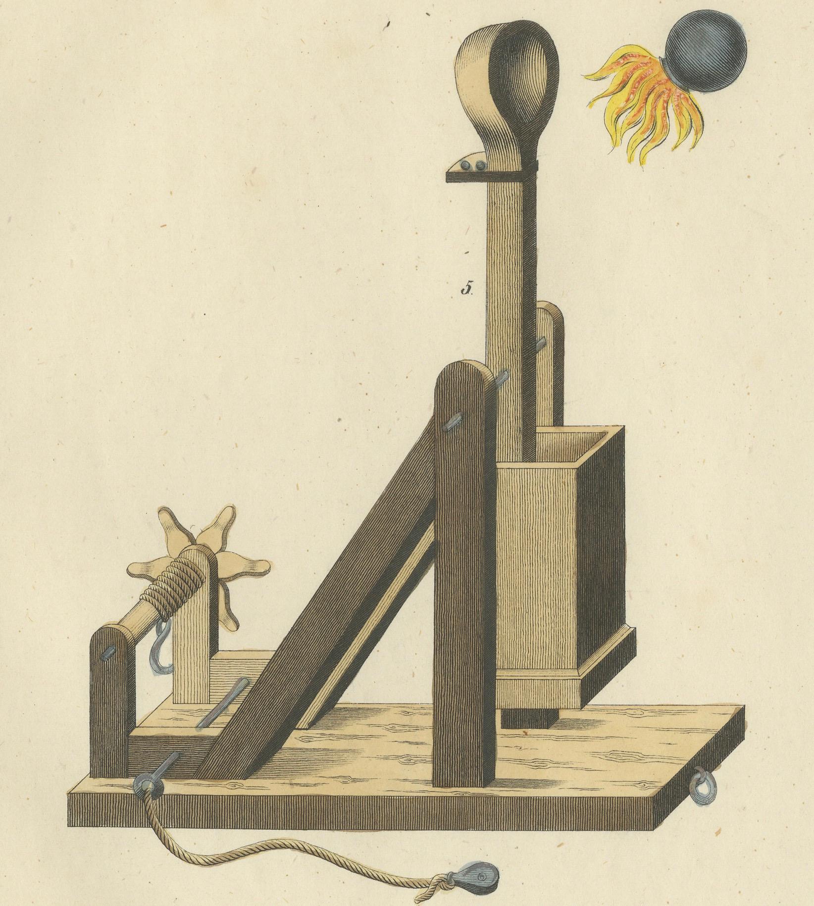 Paper 19th-Century Hand-Coloured Lithograph of Medieval Catapults and Siege Engines For Sale
