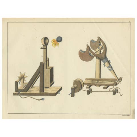 19th-Century Hand-Coloured Lithograph of Medieval Catapults and Siege Engines