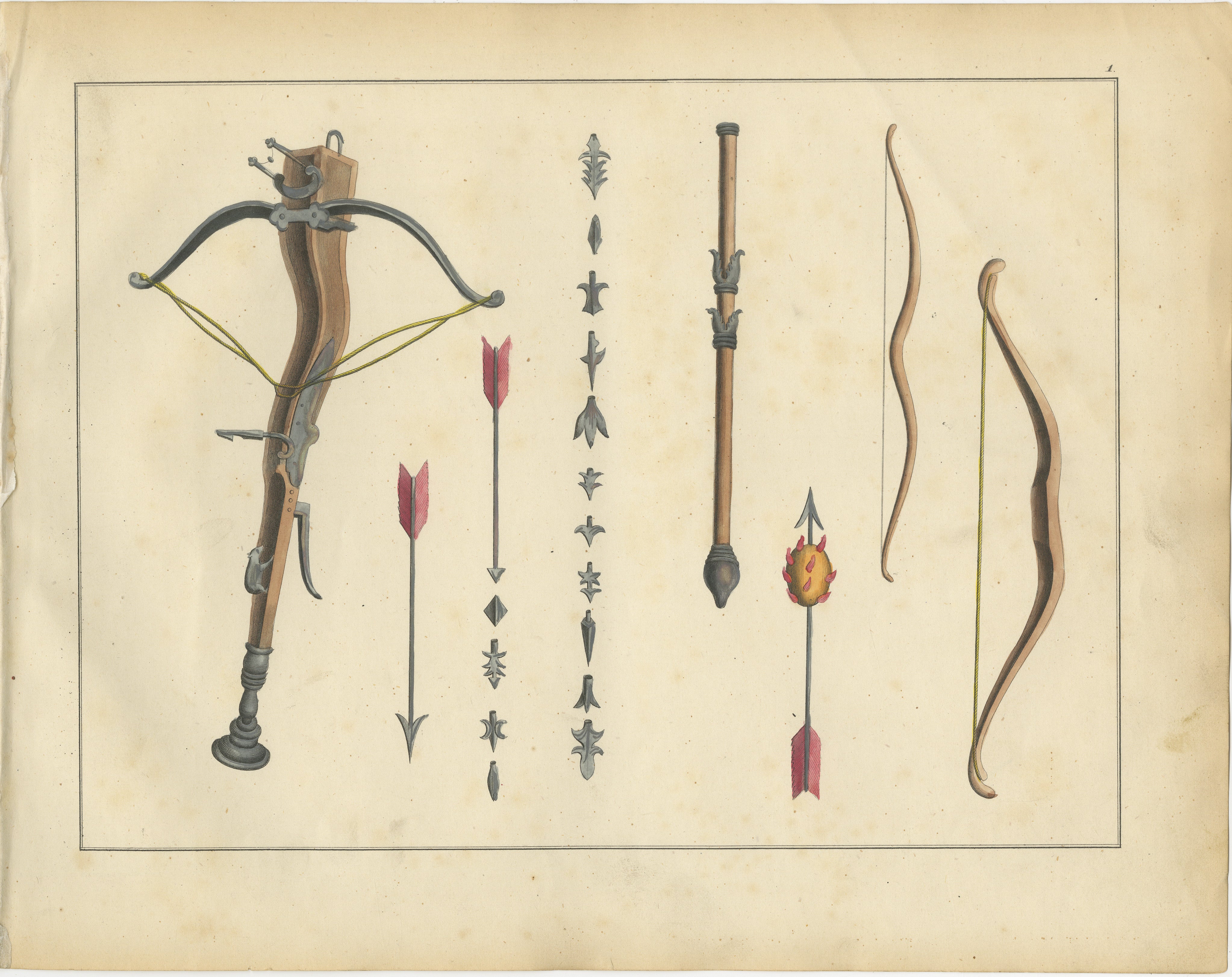 Lithographie du XIXe siècle, coloriée à la main, représentant une arbalète médiévale, des flèches et des arcs

Description :  Cette magnifique lithographie colorée à la main présente une panoplie d'armes médiévales, méticuleusement détaillées et