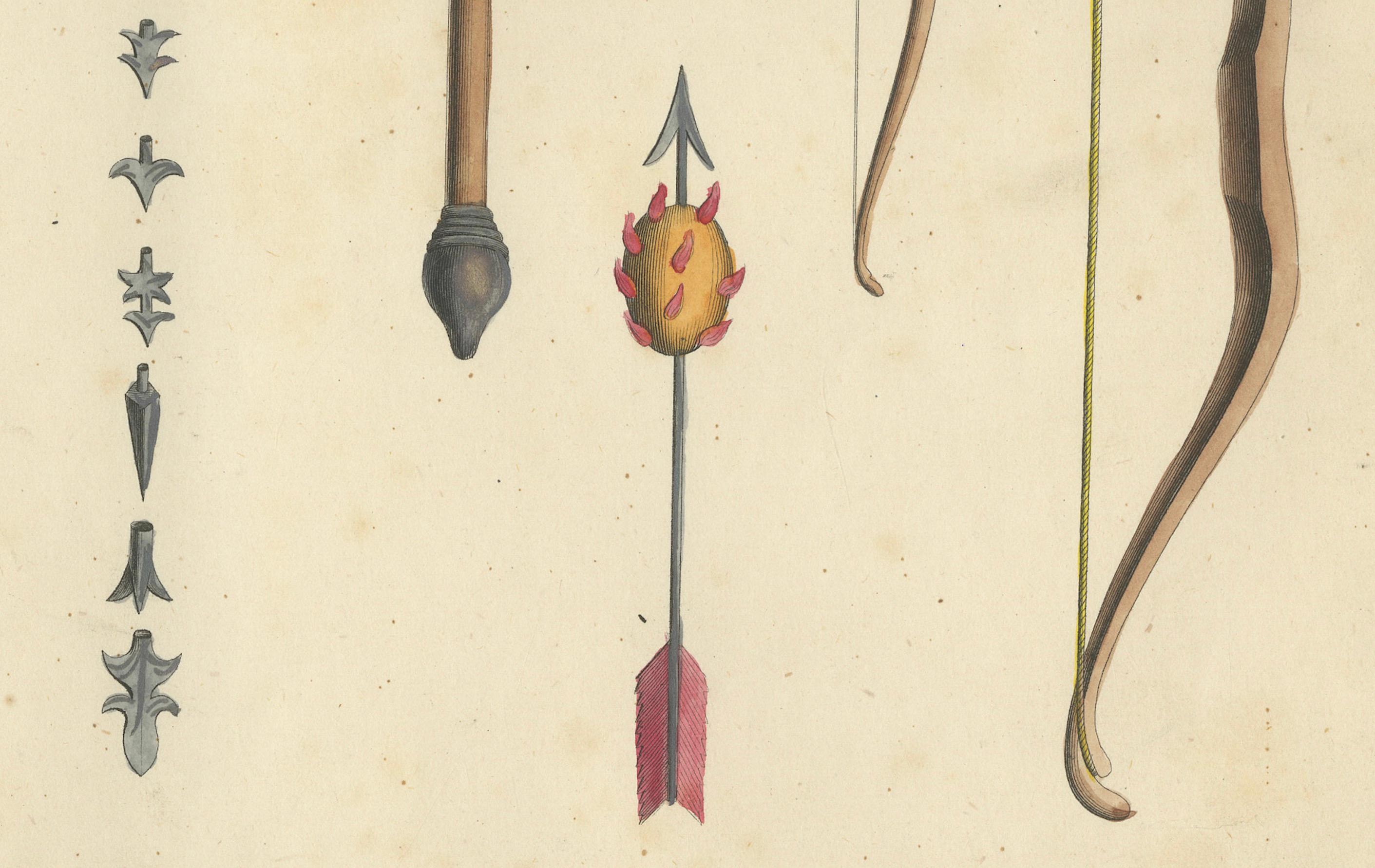 Lithographie du XIXe siècle, coloriée à la main, représentant une arbalète médiévale, des flèches et des arcs Bon état - En vente à Langweer, NL