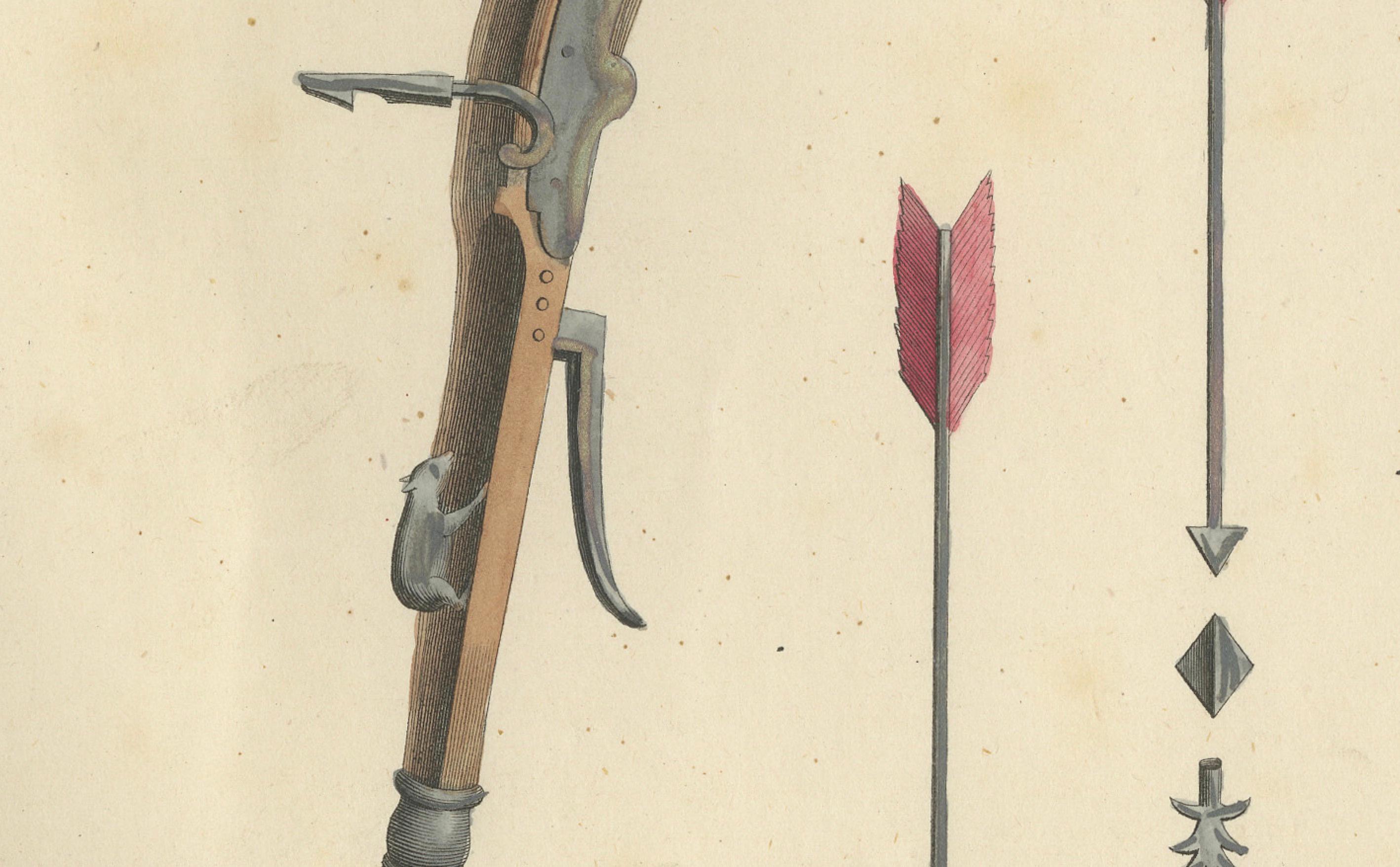 Milieu du XIXe siècle Lithographie du XIXe siècle, coloriée à la main, représentant une arbalète médiévale, des flèches et des arcs en vente