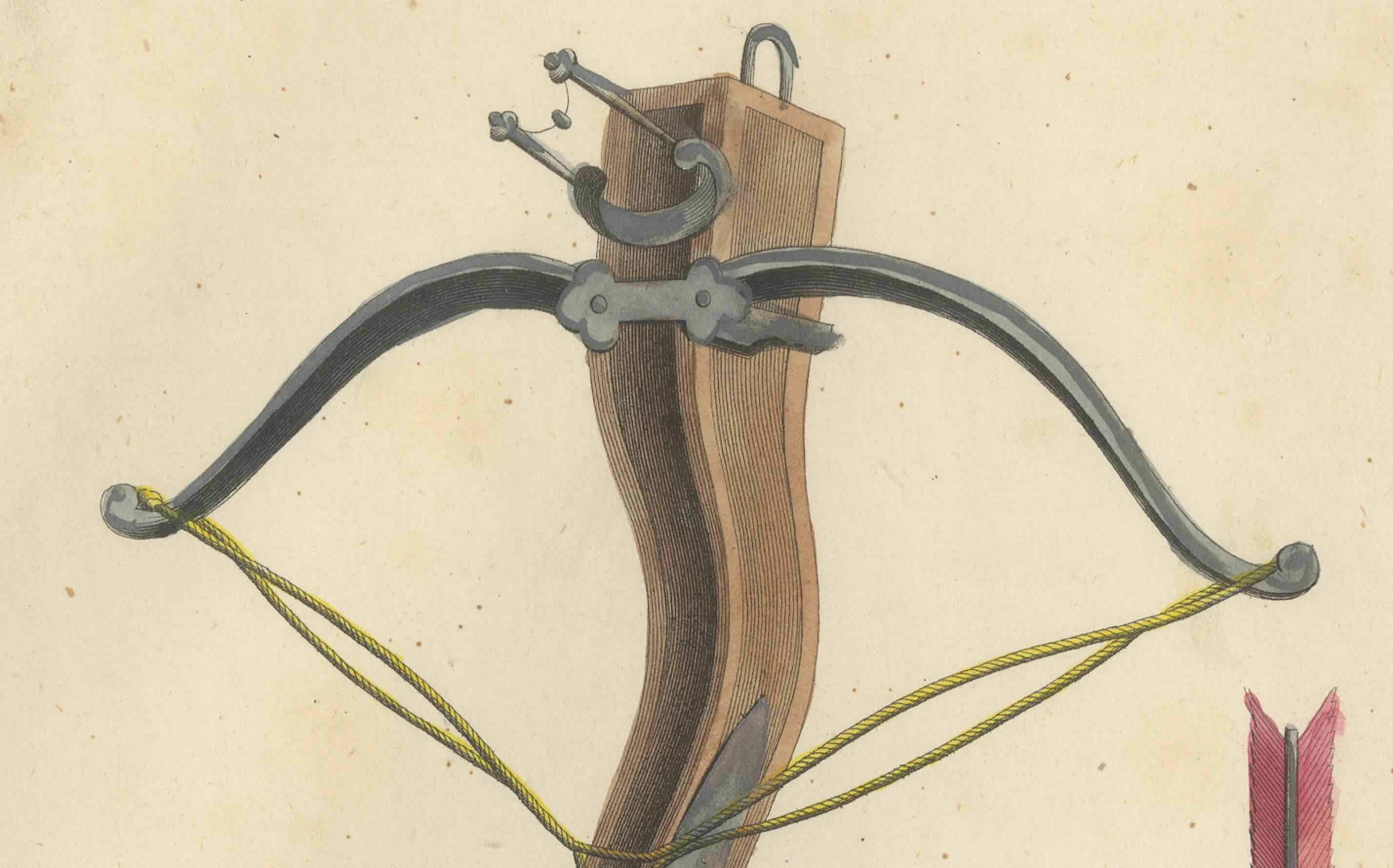 Papier Lithographie du XIXe siècle, coloriée à la main, représentant une arbalète médiévale, des flèches et des arcs en vente