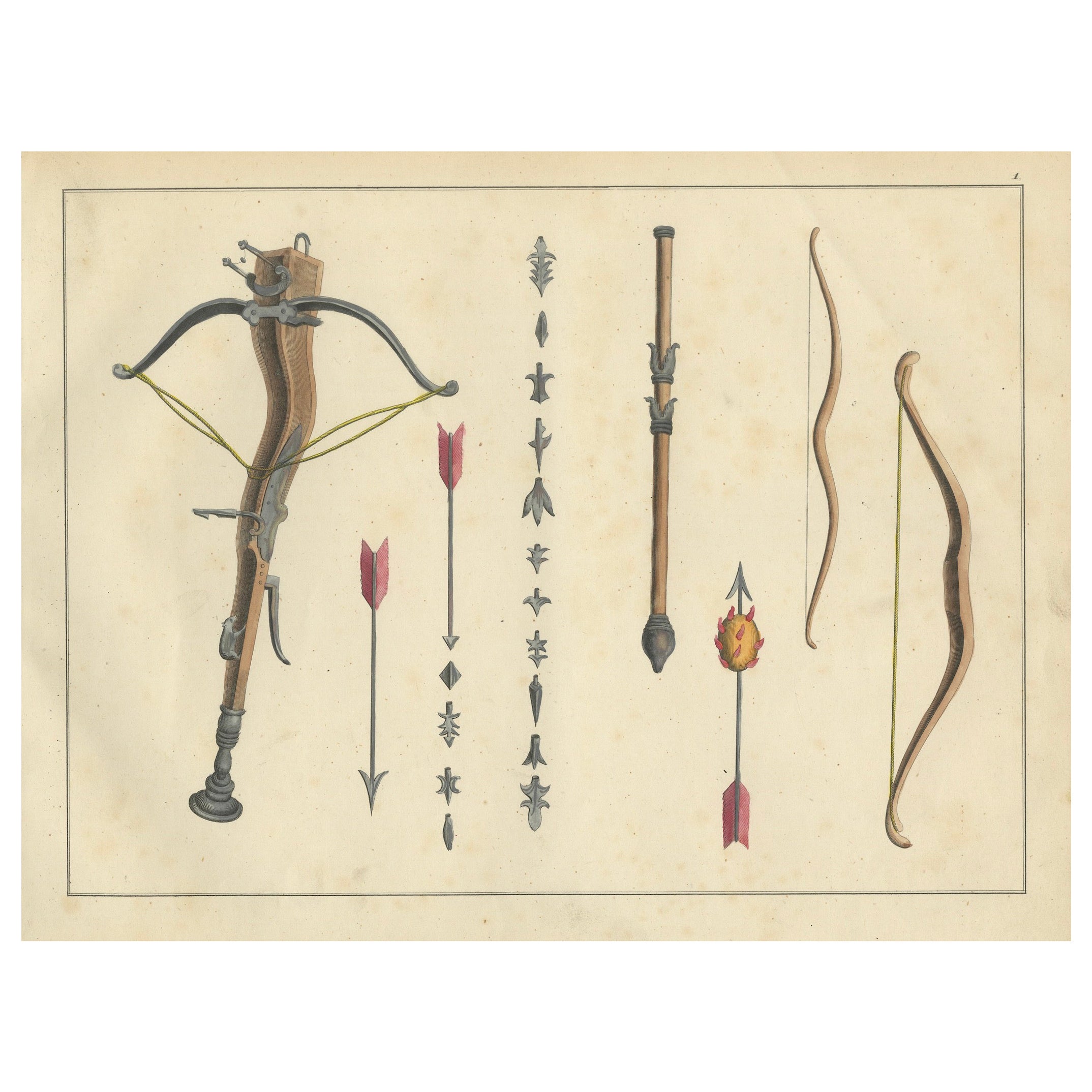 19th-Century Hand-Coloured Lithograph of Medieval Crossbow, Arrows, and Bows