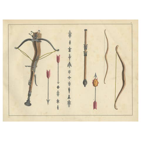 19th-Century Hand-Coloured Lithograph of Medieval Crossbow, Arrows, and Bows